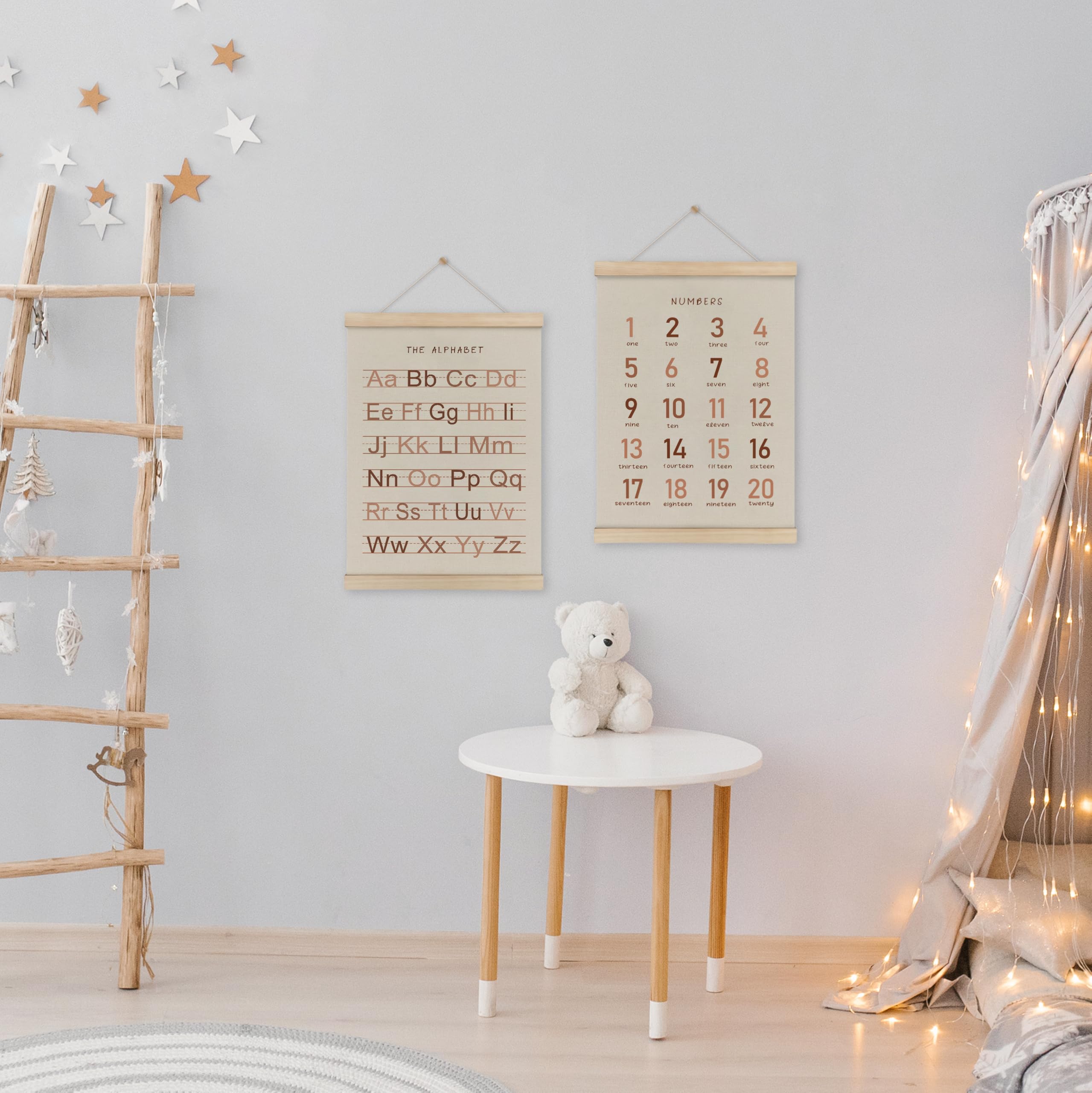 Hrqko Alphabet Numbers Poster Hanger Frame Set Of 2, Girls Nursery Wall Decor, Abc Poster Wall Art With Wooden Frames, Burnt Ora