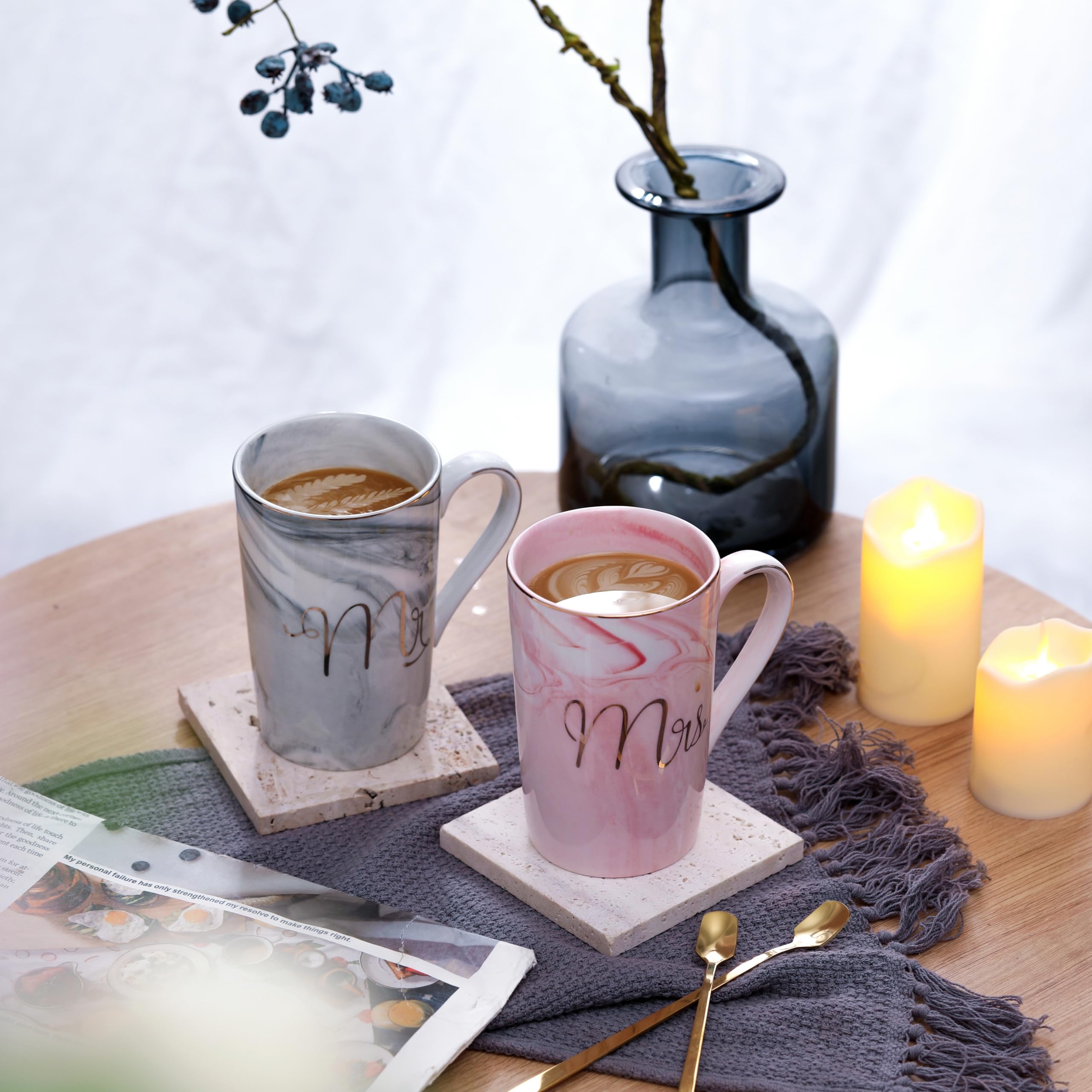 Luspan Wedding Gifts for Bride and Groom,Bridal Shower Engagement Gifts for Couples,Mr and Mrs Marble Coffee Mugs 14 Oz