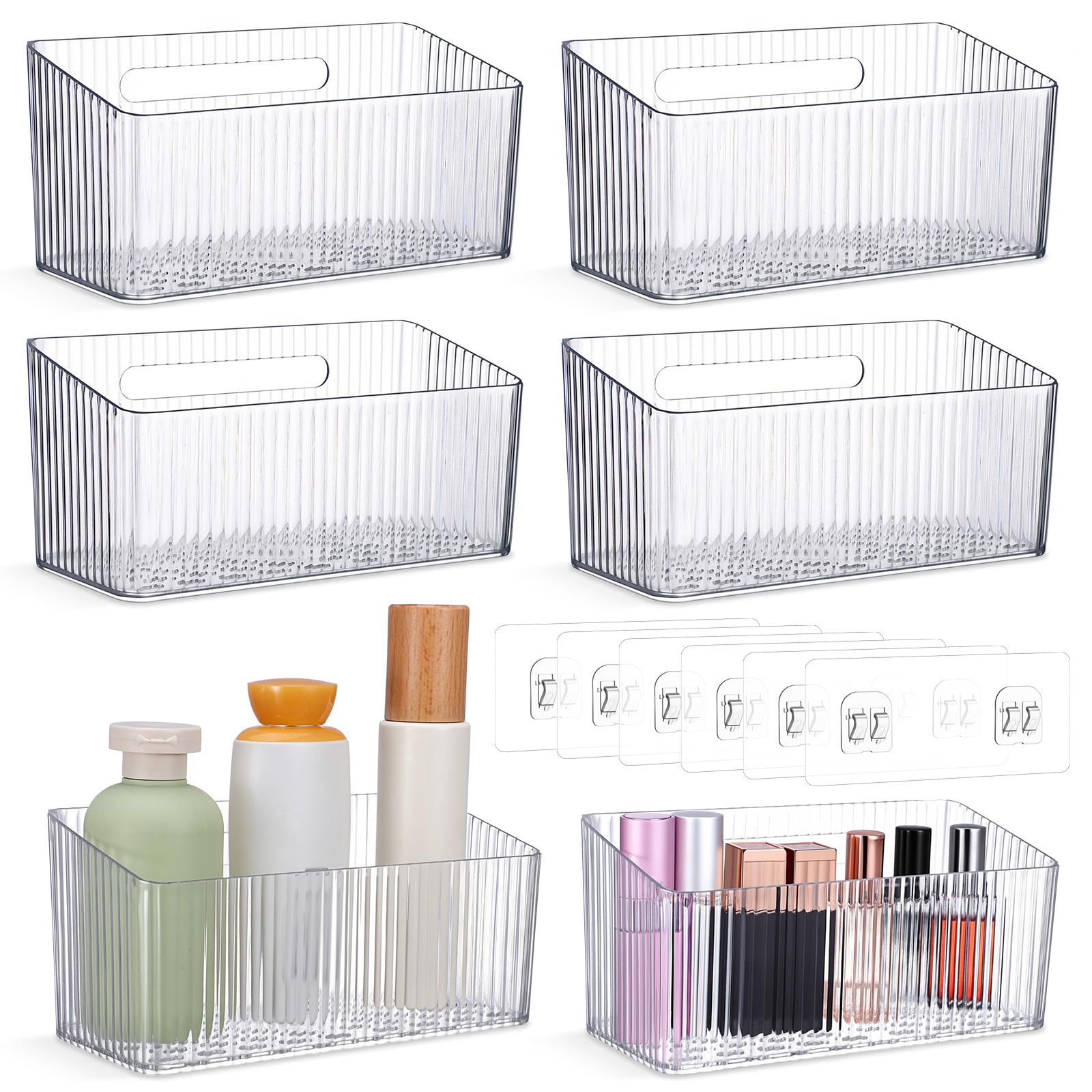 6 Pack Cabinet Organizer, Bathroom Cabinet Door Organizer with Adhesive Hooks, Clear Stackable Inside Cabinets Door Storage Bins