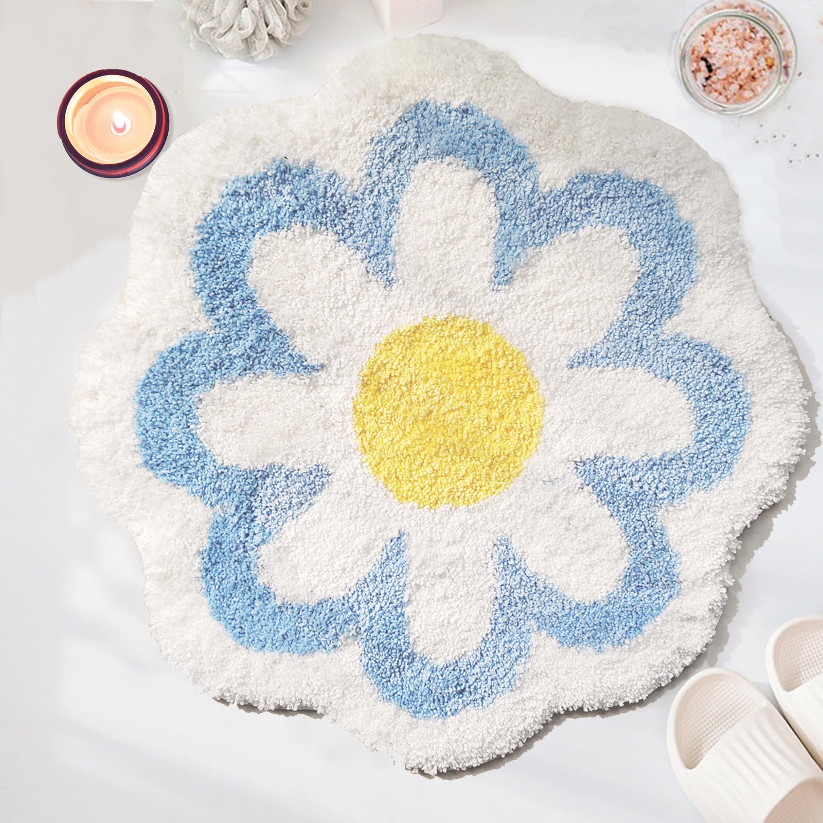 YRXRUS Flower Bath Mat, Blue Bathroom Rug, Beauty Bath Mats, Ultra Soft Microfiber Bath Rug, Machine Washable Flower Rug, Shower
