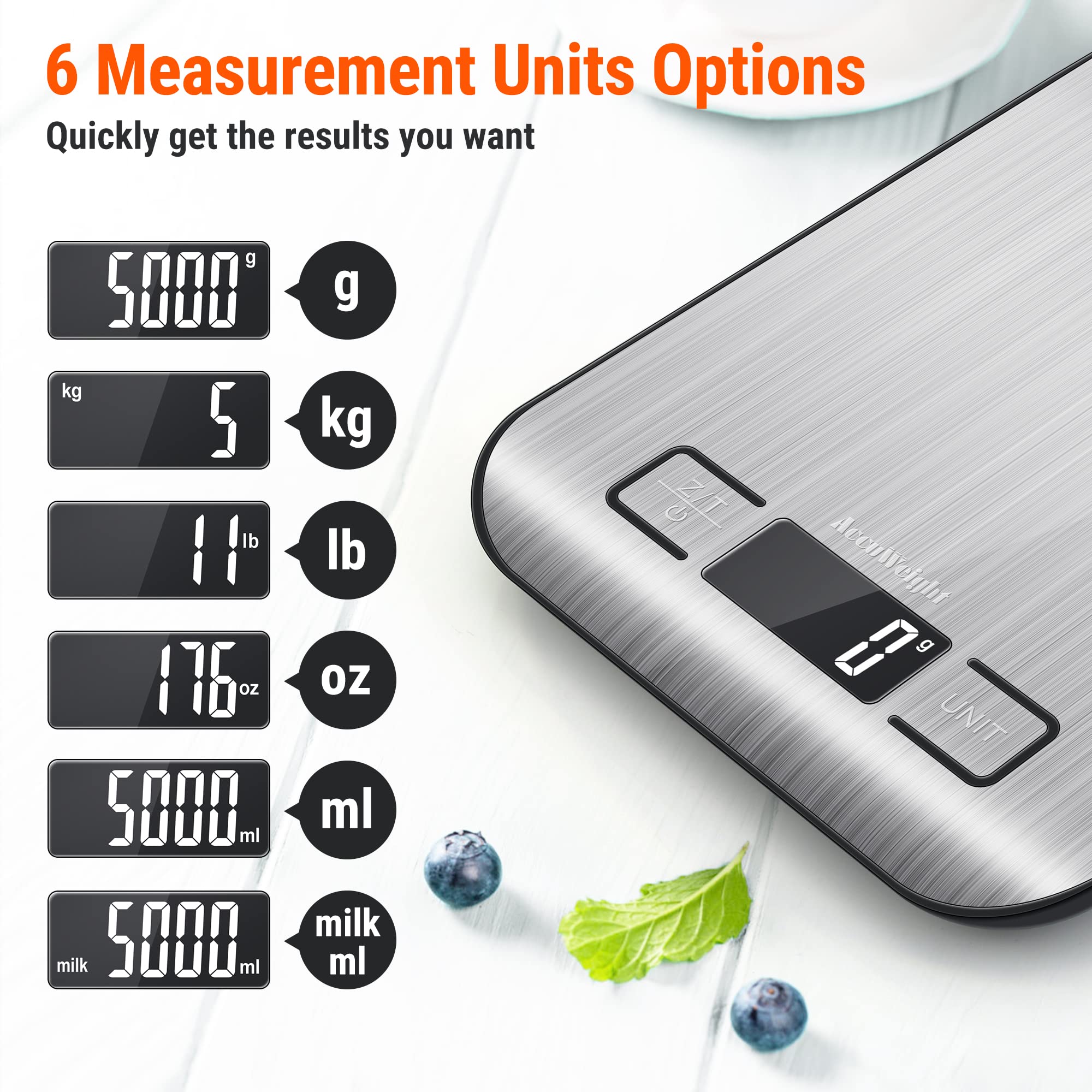 AccuWeight 211 Digital Kitchen Food Scale - 5000g Capacity, 1g Precision, Stainless Steel, Tare Function, LCD Display, 8.11"x6.42"x1