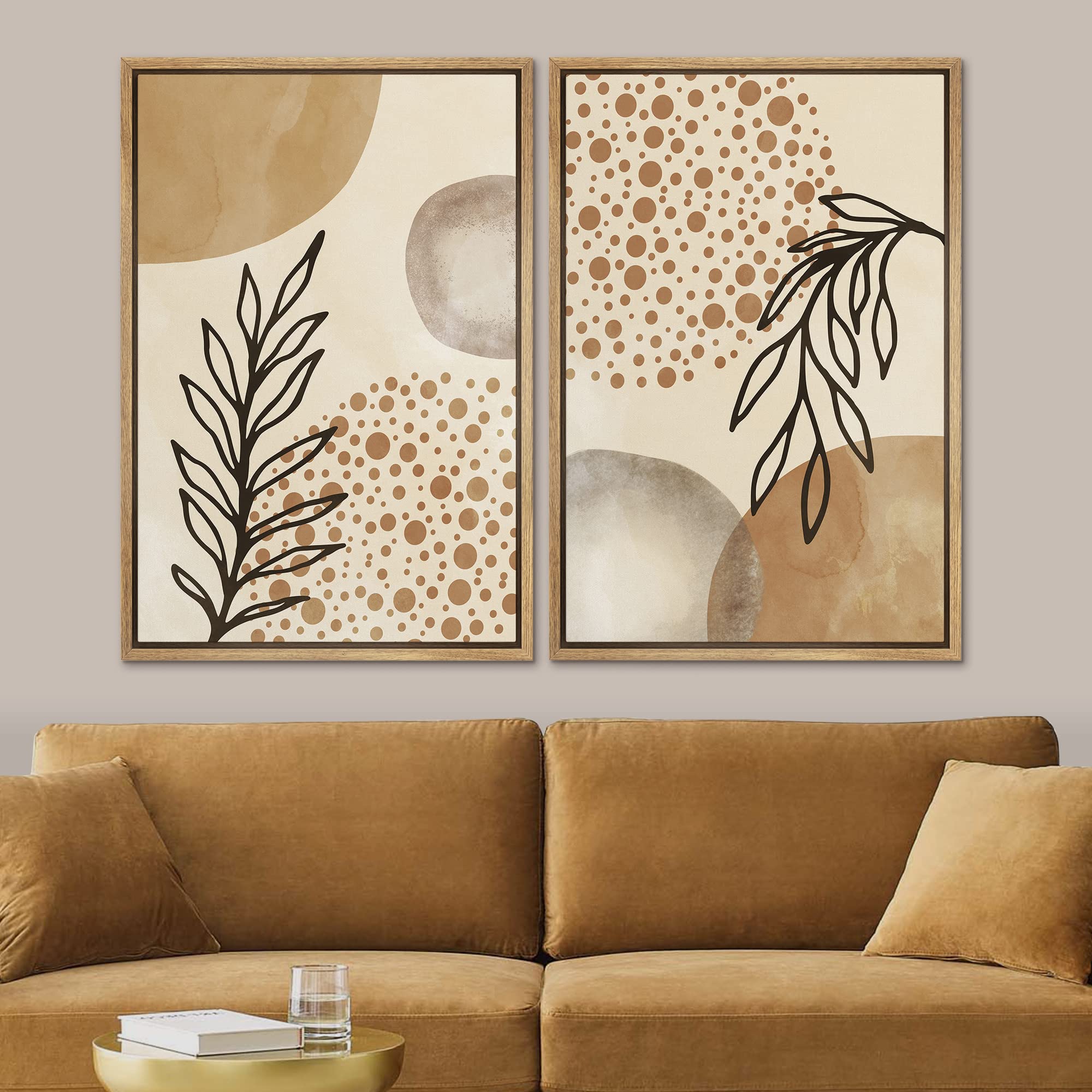 Signford Framed Canvas Print Wall Art Set Mid-Century Forest Plant Leaf Gold Circles Abstract Shapes Illustrations Modern Art De
