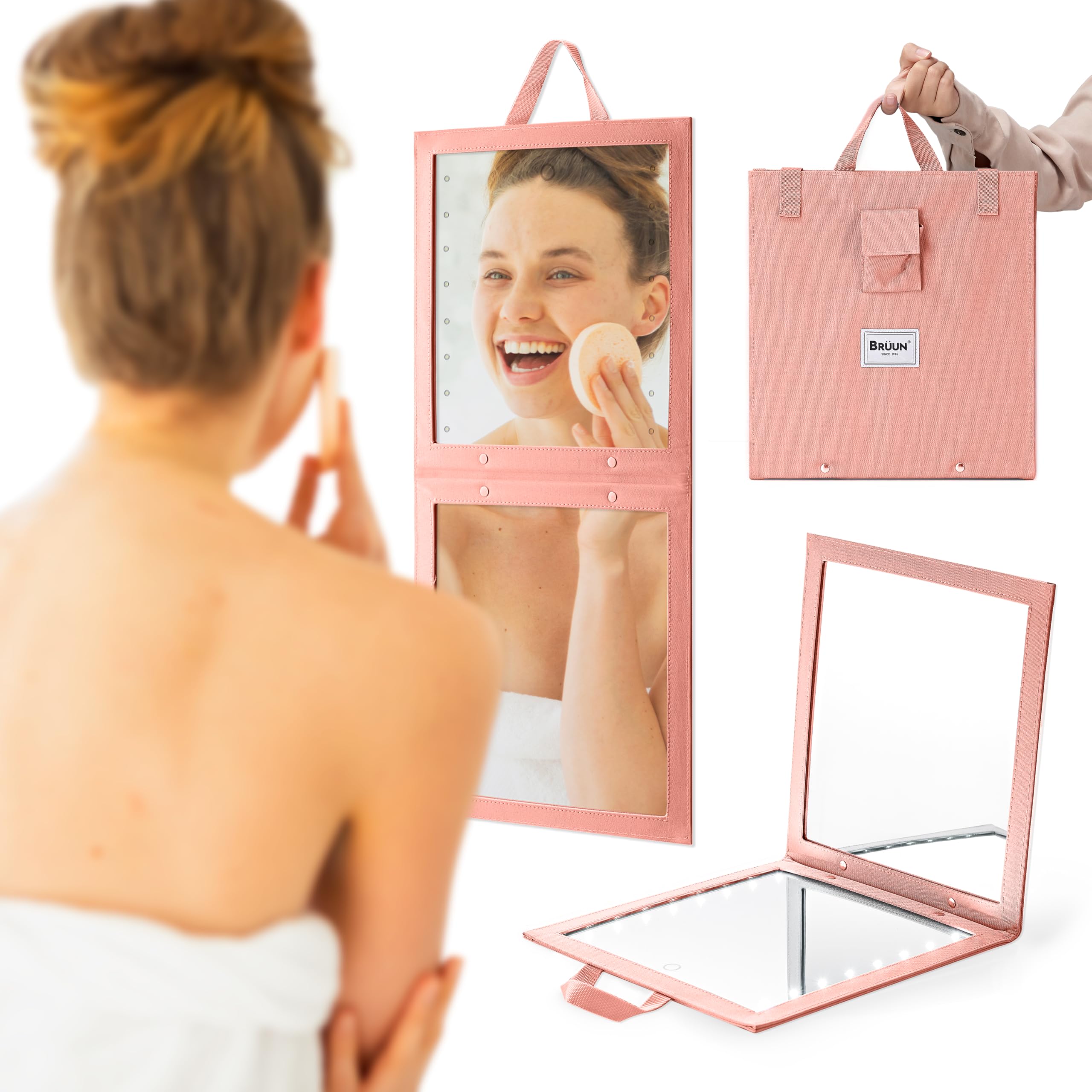 Brun Backstage Hanging Mirror 25'' X 11.4'' Inches For Dance Bag With Dimmable Led Lights For Focused Glow - A Rose Colored Fold
