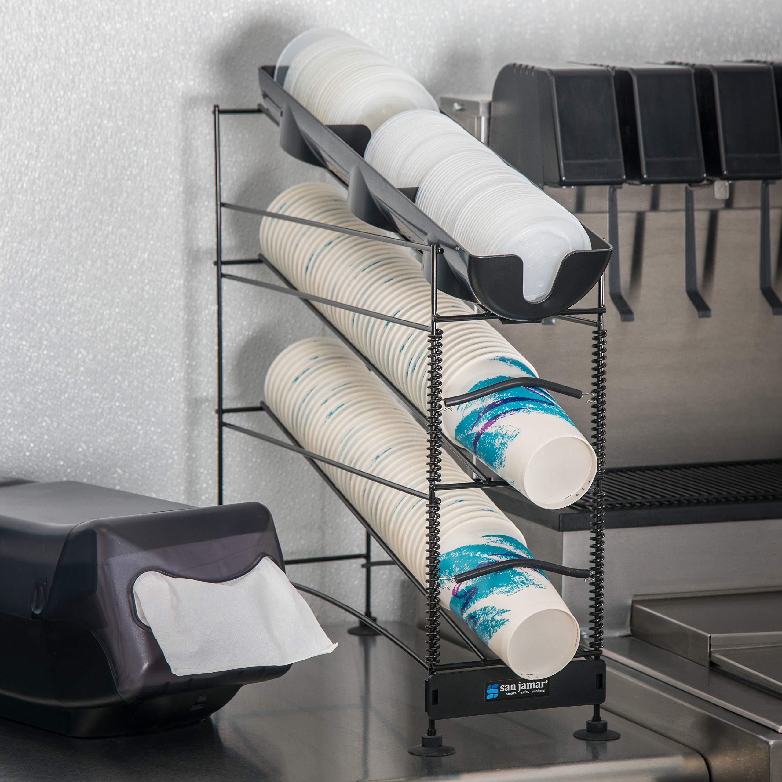 San Jamar Wireworks Cup And Lid Dispenser Fits 8 - 44 Oz. Cups, 4 Tiers With Suction Cup Feet For Restaurants, Fast Food, And Ki