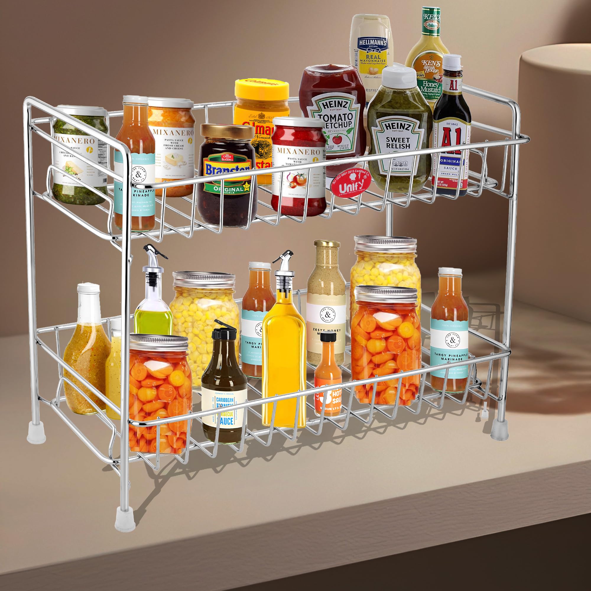Unify Stainless Steel 2 Tier Kitchen Countertop Spice Container Organizer Rack With Shelf Liner For Kitchen/Cabinet/Pantry/Offic