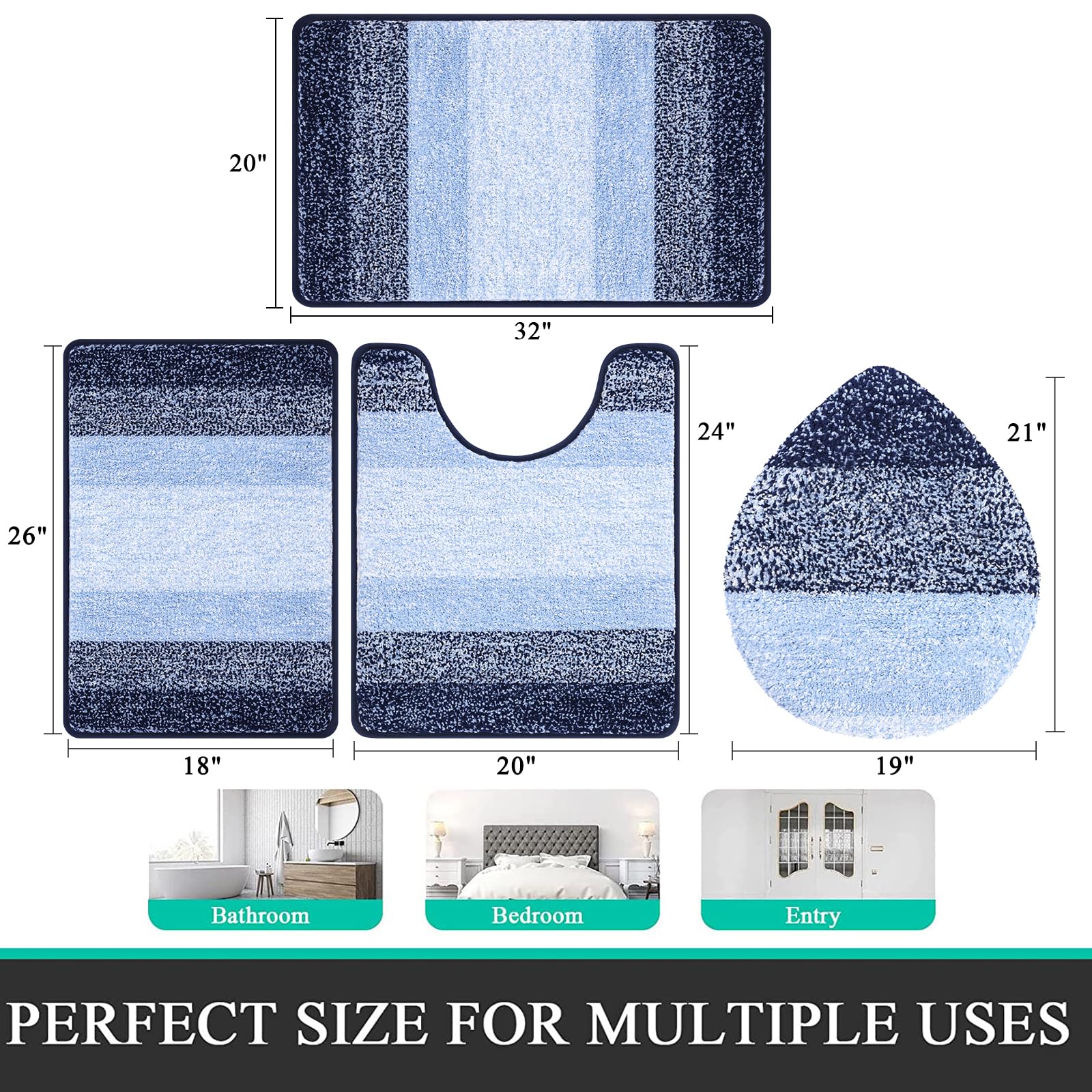 Bsmathom Bath Rug Set 4 Piece With Toilet Lid Cover And Rug Set, Absorbent Bath Rugs Non Slip Washable, Soft Shaggy Machine Wash