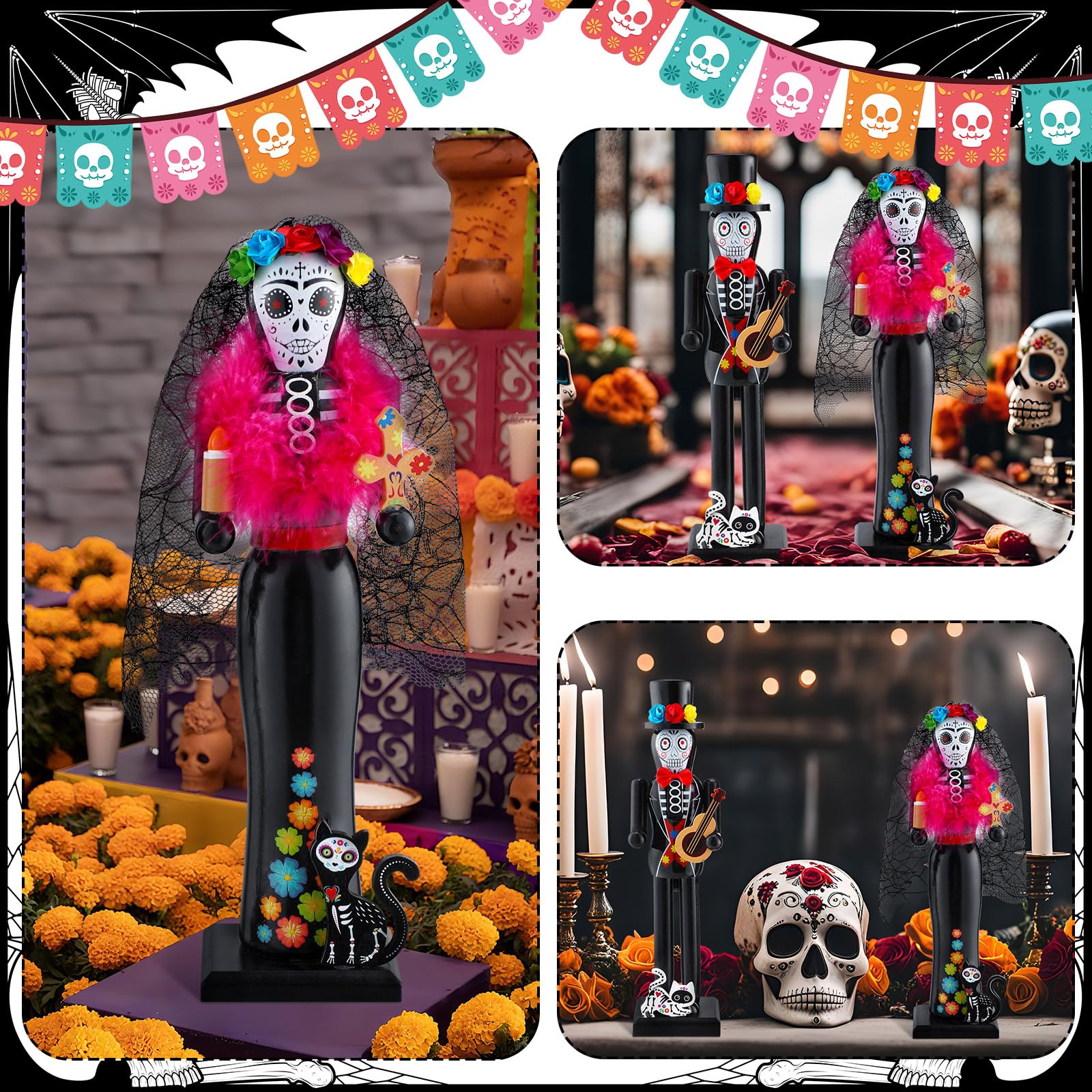 RattanView 2 Pcs Halloween Nutcracker 14 Inch Wooden Witch Black Cat Nutcracker Figures Party Decor for Halloween Holiday Tables