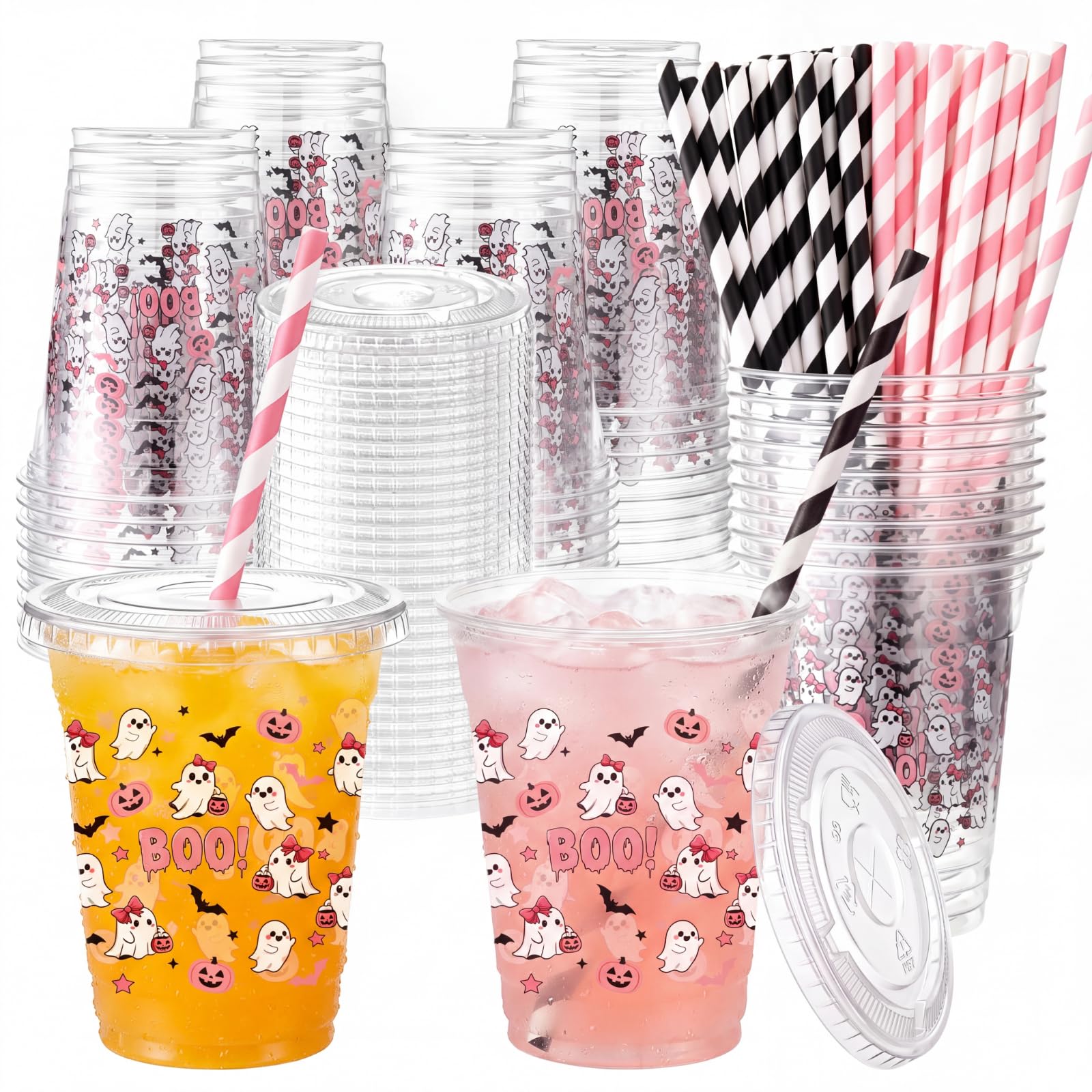 Jingmore 50 Pcs Party Plastic Cups with Lids and Straws, Halloween Ghost