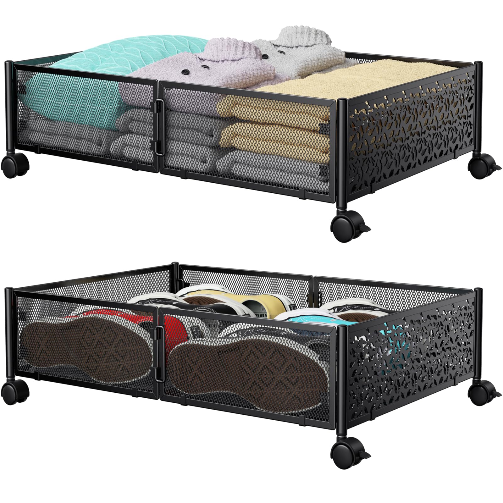 Under Bed Storage Containers with Wheels, Under Bed Shoe Storage Organizer Drawer, Tool-free Assembly Metal Storage Containers f