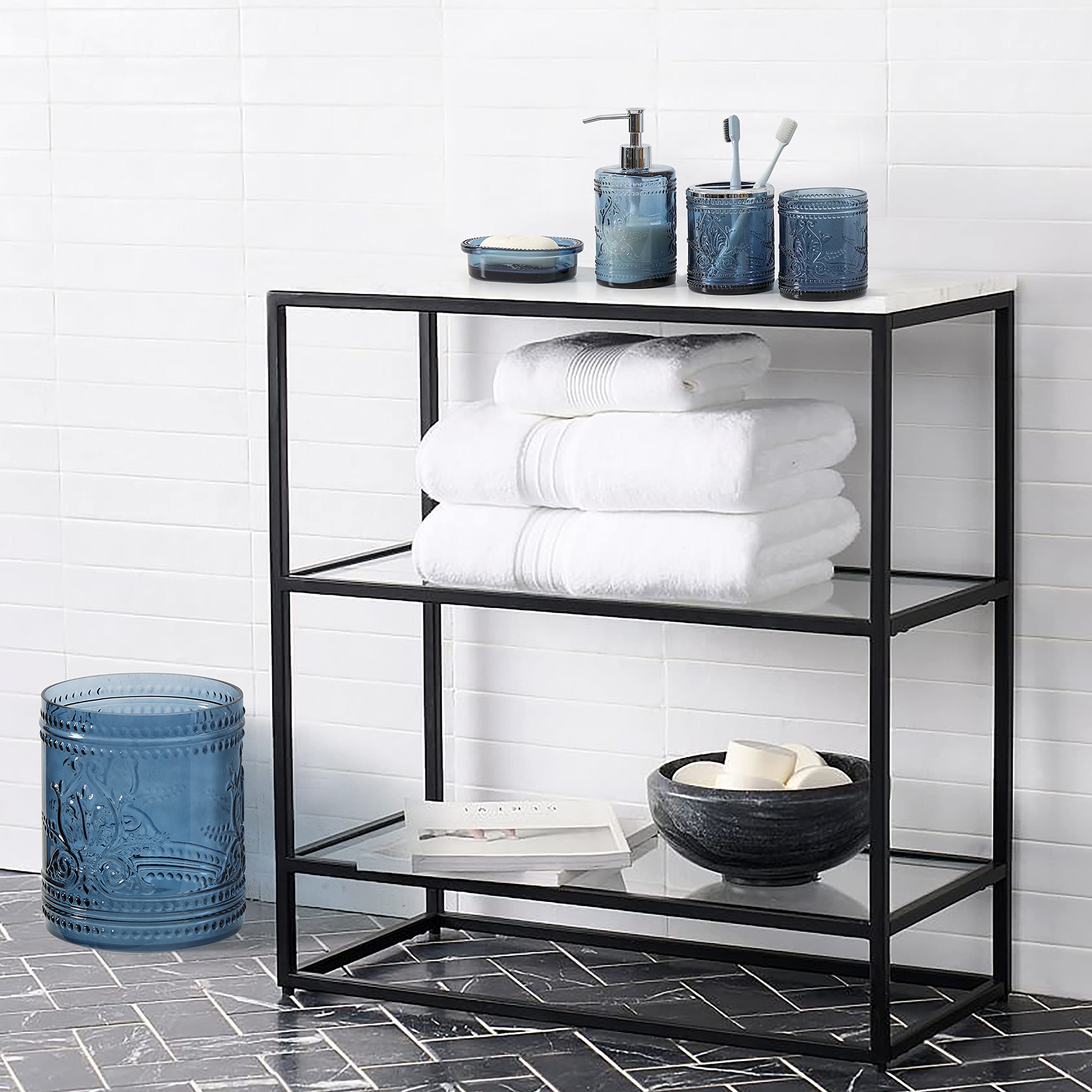 4Pcs Teal Blue Glass Bathroom Accessories Set With Decorative Pressed Pattern - Includes Hand Soap Dispenser & Tumbler & Soap Di