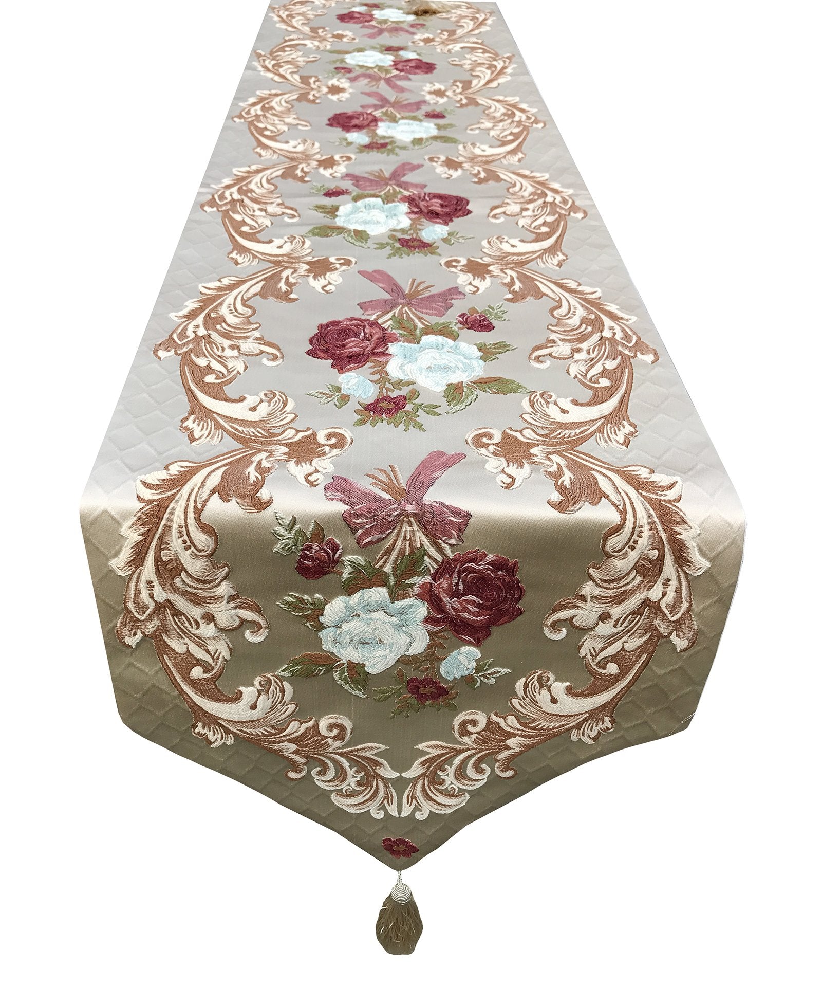Magilona Home Tablecover Kitchen Decorative Luxurious Cotton Linen Embroidered 3D Floral Pattern Table Runner Tassel Dining Wedd