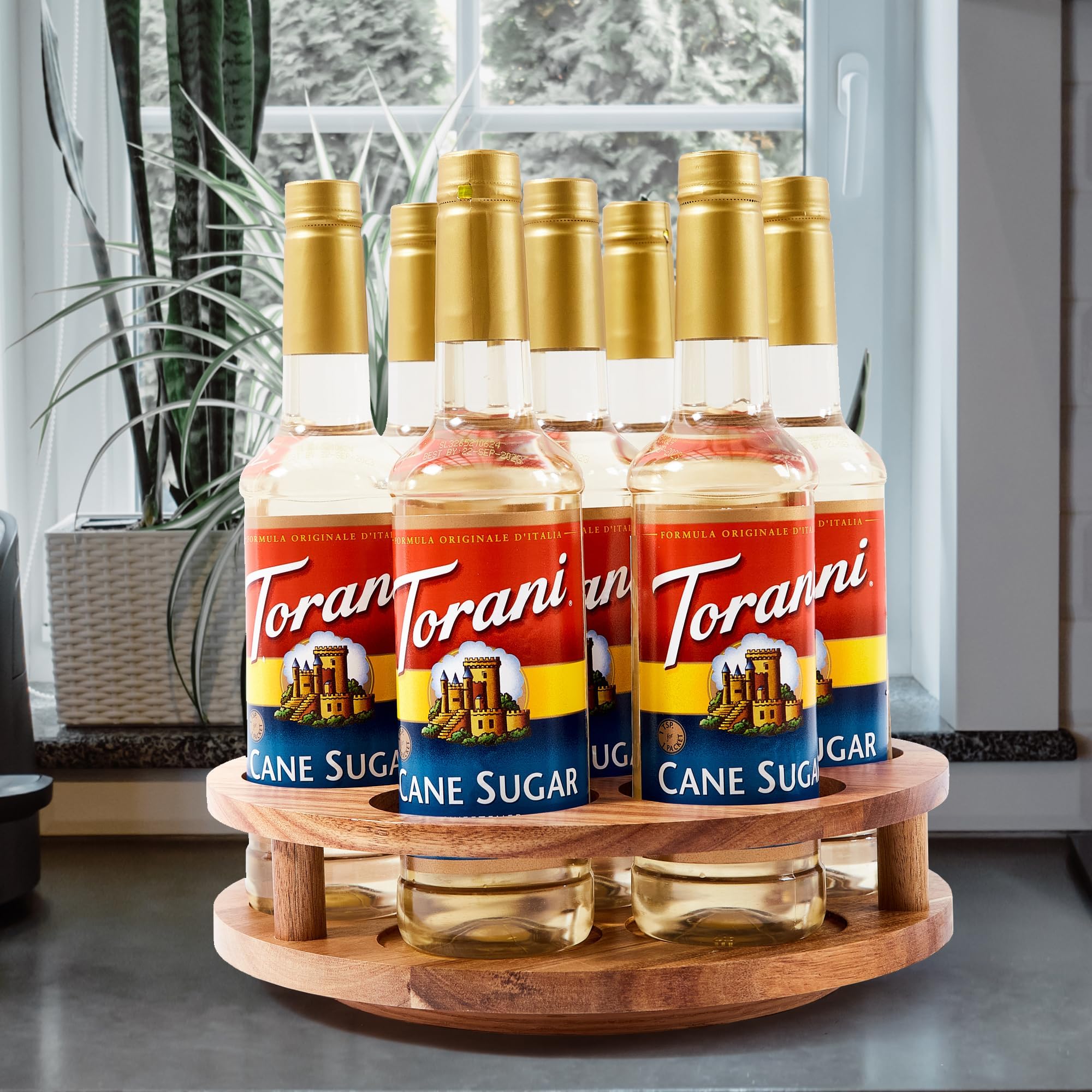 Govokoi Acacia Wood Rotating Coffee Syrup Organizer, 7 Bottles Coffee Syrup Rack, Coffee Station Organizer With Large Base And A