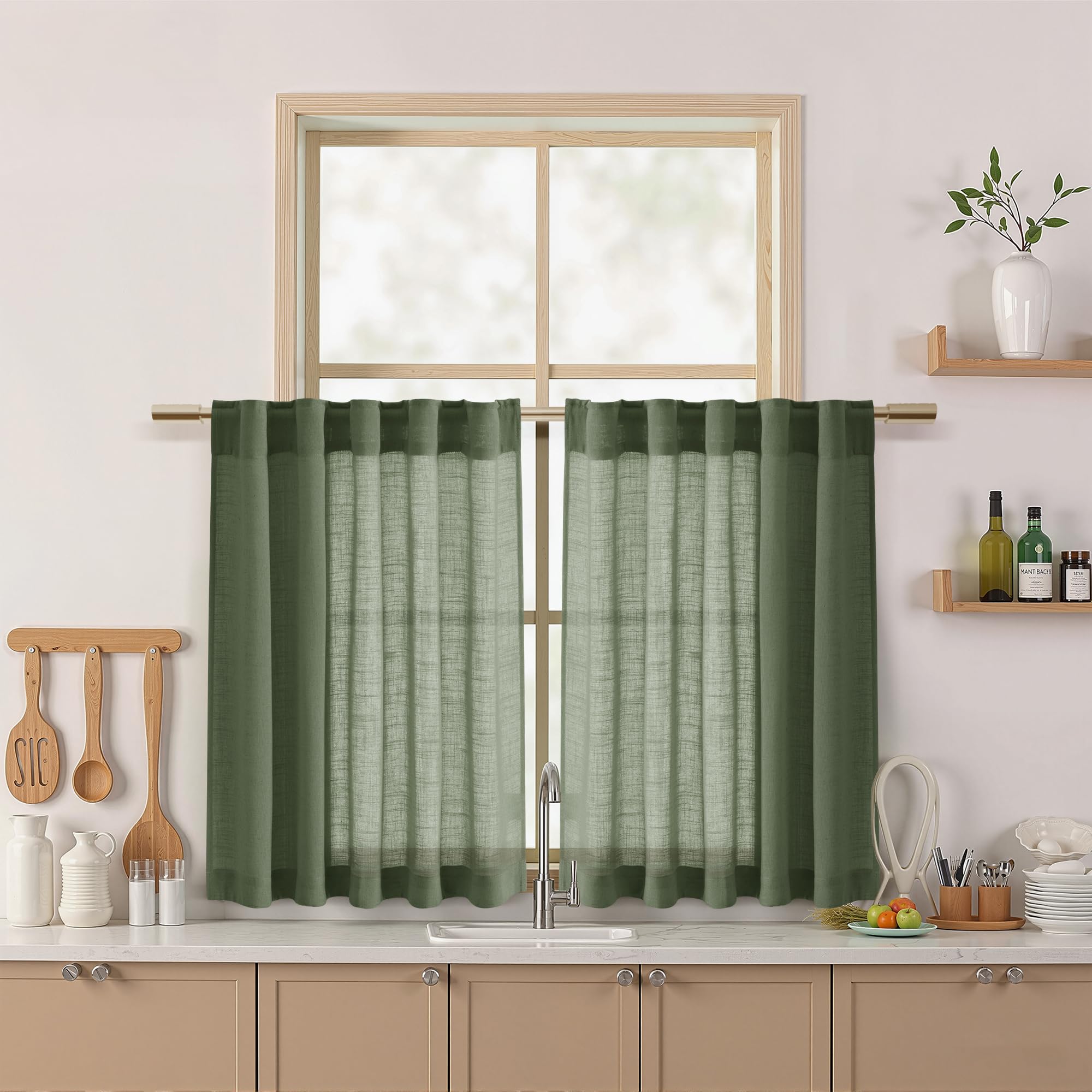 Nanspring Short Linen Cafe Curtains 36 Inch Length for Kitchen Windows Over Sink Olive Green Semi Sheer Curtains Back Tab Rod Po