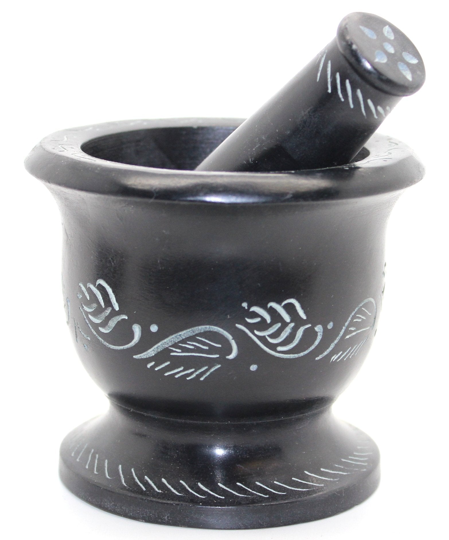 Govinda - Black Soap Stone Mortar And Pestle - Leaf - 4 Inch Dia X 3.5 Inch Tall