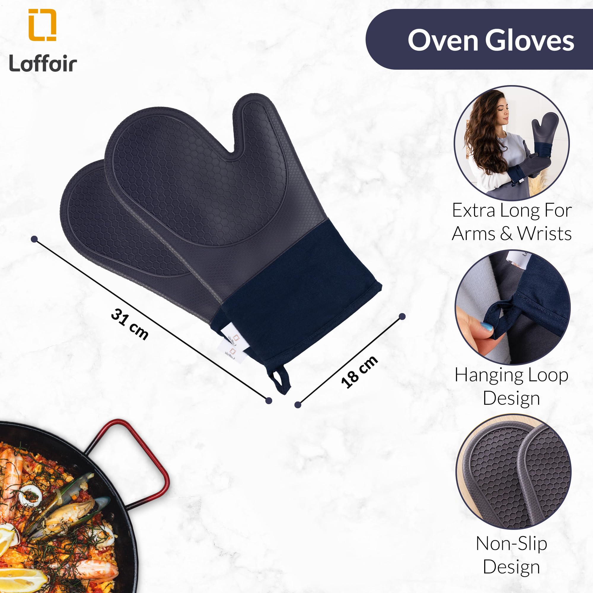 Silicone Oven Gloves Heat Resistant By Laffair - Blue Oven Gloves Silicone Oven Mitts Heat Resistant - Premium Non-Slip Design K