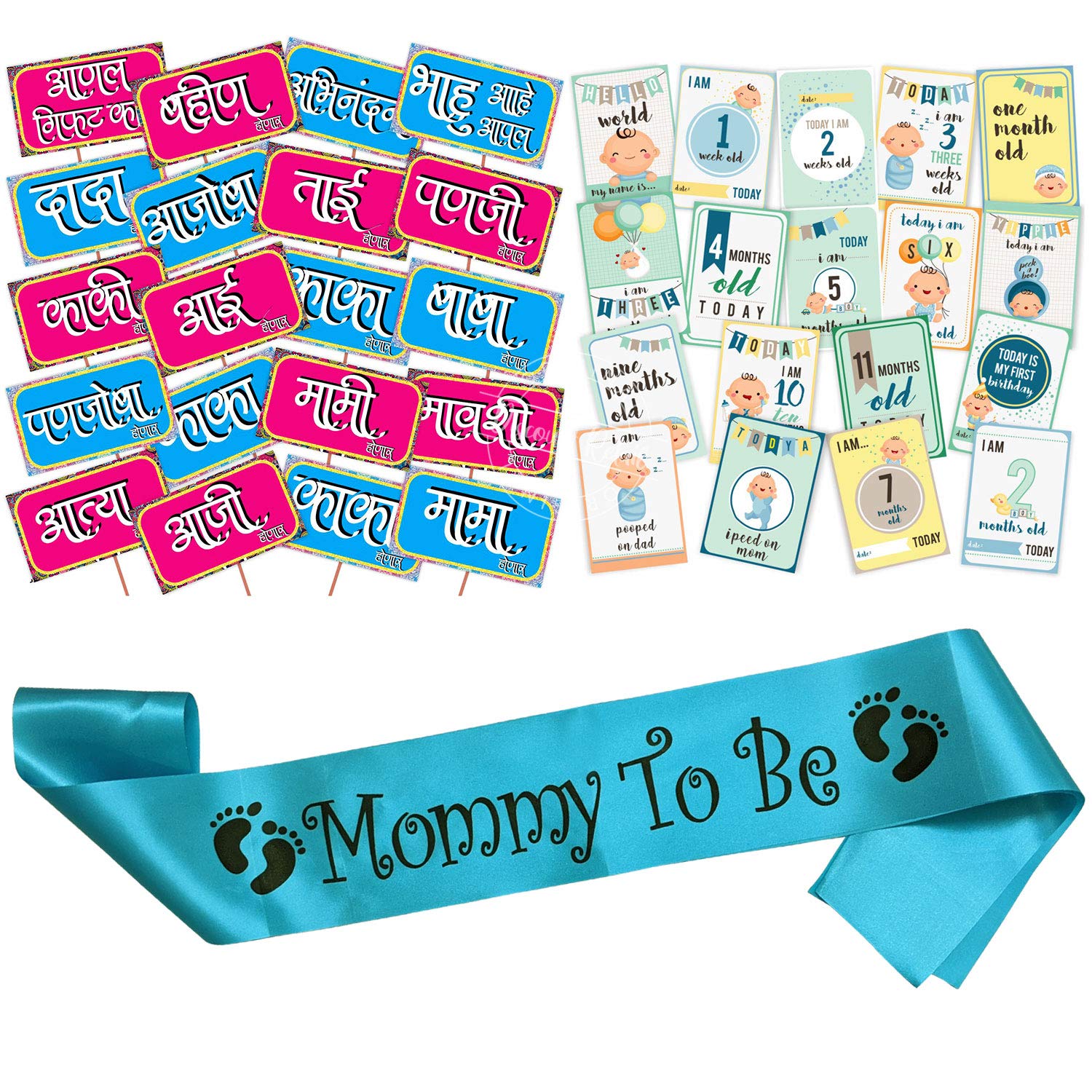 Wobbox Marathi Baby Shower Decoration Items| Baby Shower Ceremony Photo Booth Props for Photoshoot, Milestone Crad& Mom to Be Sa