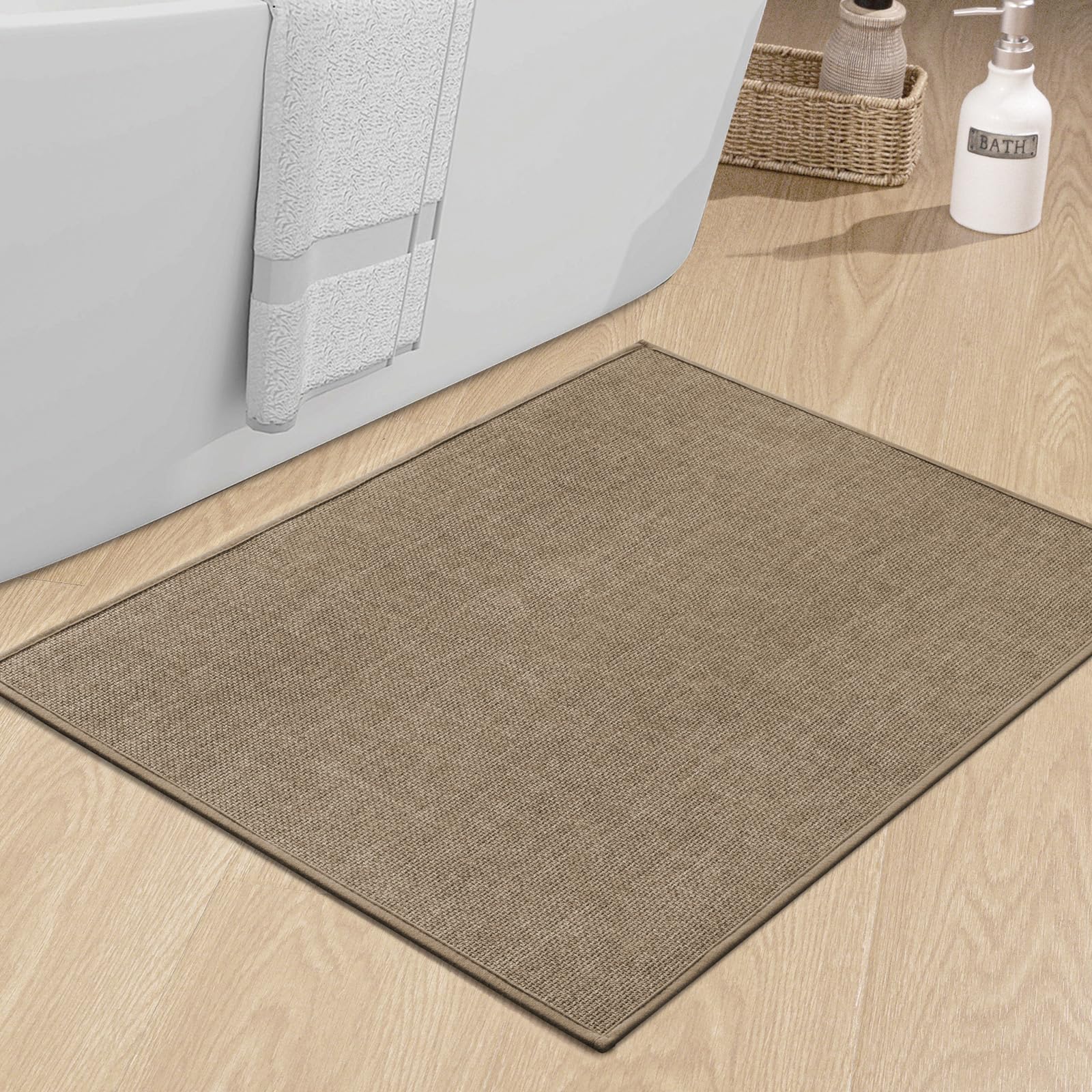 Chakme Bathroom Rugs Mat 36X25, Ultra Thin Non Slip Bath Mat Large Quick Dry Absorbent Bath Mat For Bathroom Floor, (Dark Beige,