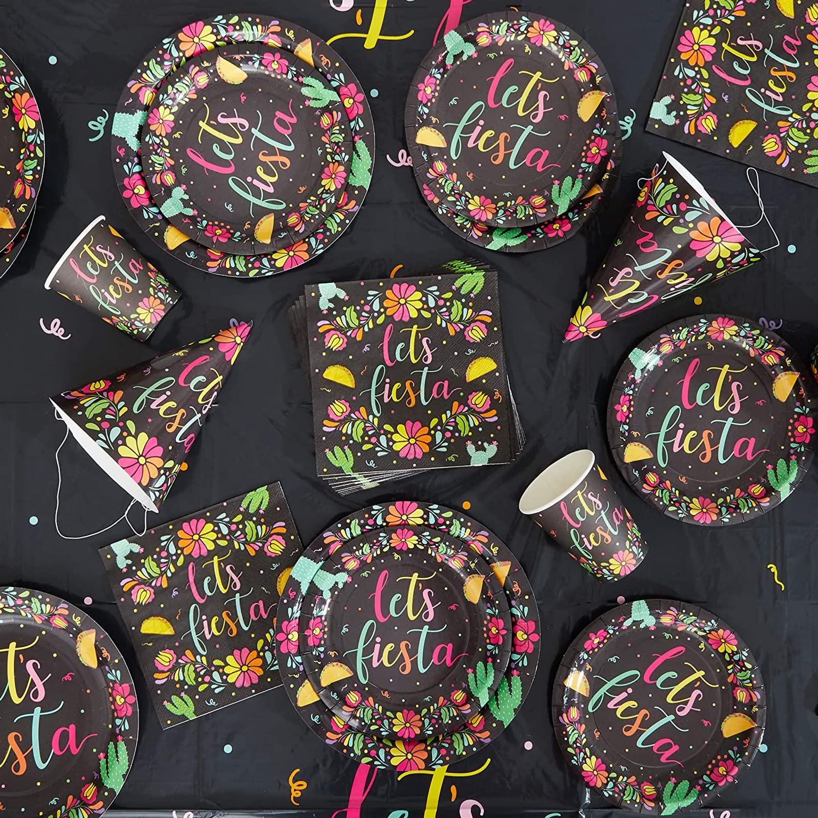 Sparkle And Bash 100 Pack Let'S Fiesta Party Napkins For Kids Birthday, Cinco De Mayo Decorations (Black, 6.5 Inches)