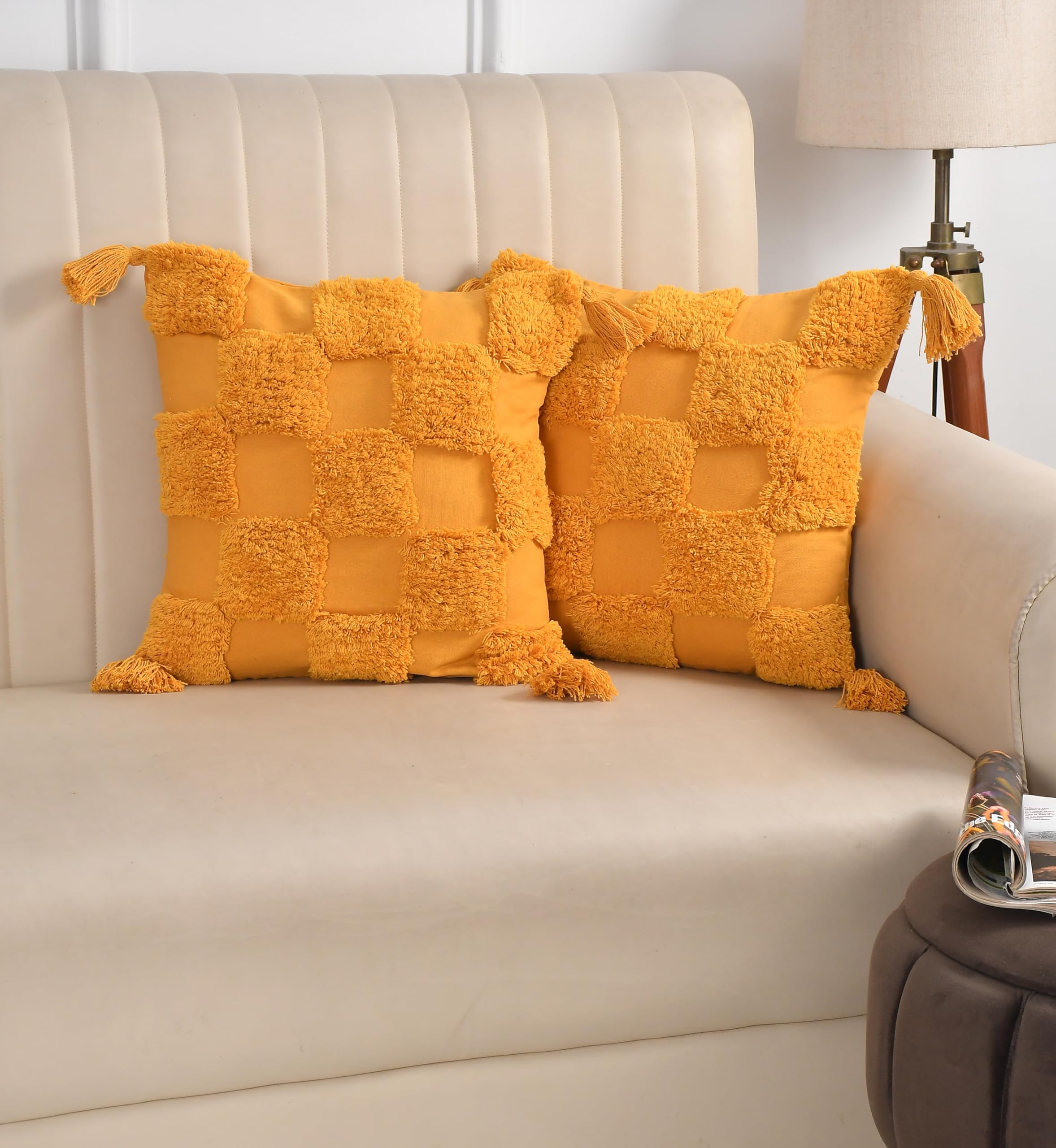 Wisdom Decor Sofa Cushion Cover Cotton For Living Room Couch Soft Pillow Covers | Size 16X16 Inch Yellow Box Pack Of 2