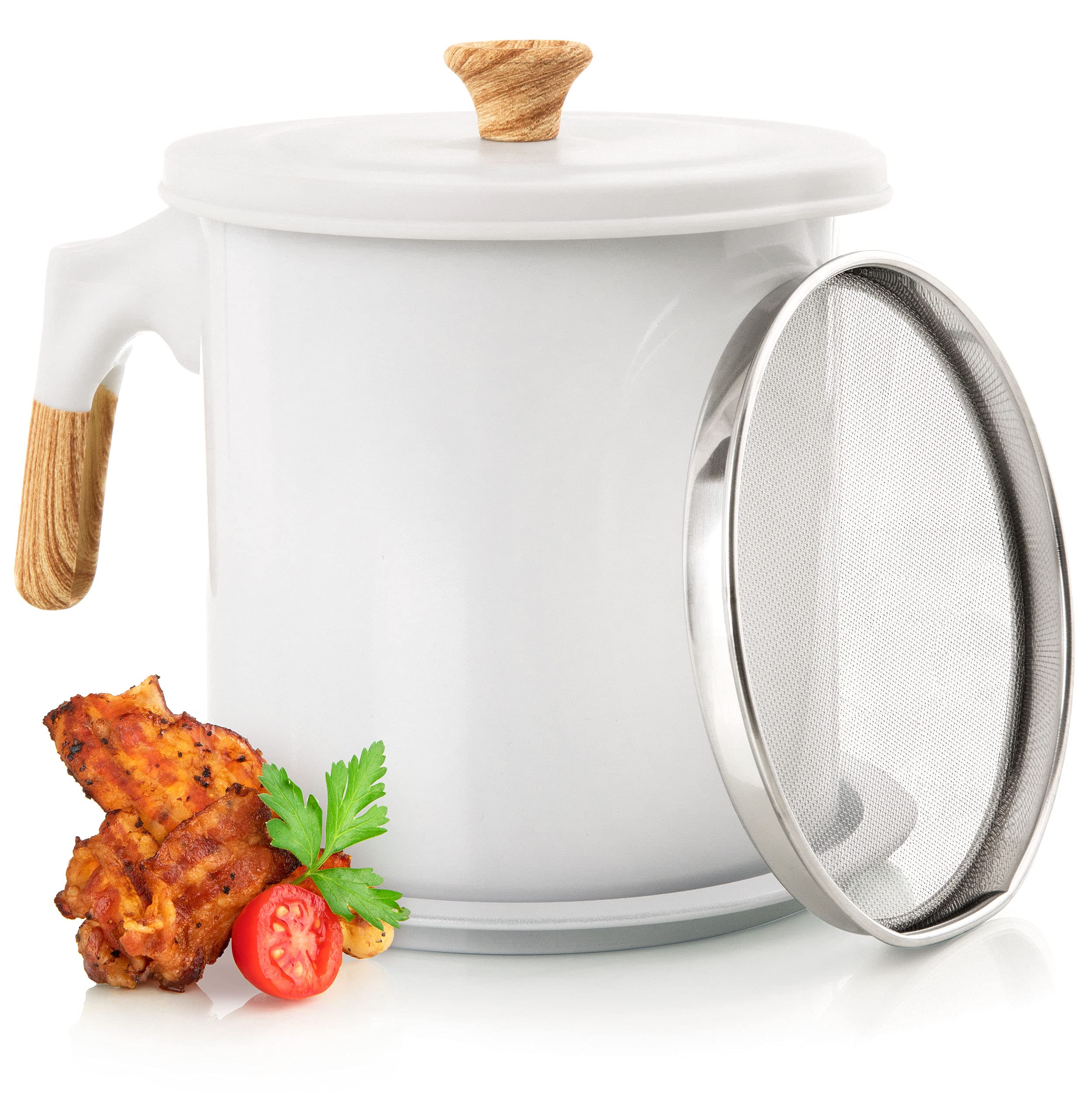 Mymoon Home Bacon Grease Container (48Oz / 1.4L) Iron Cooking Oil Storage Can With Strainer - Non-Stick, 5 Inch Diameter For Eas