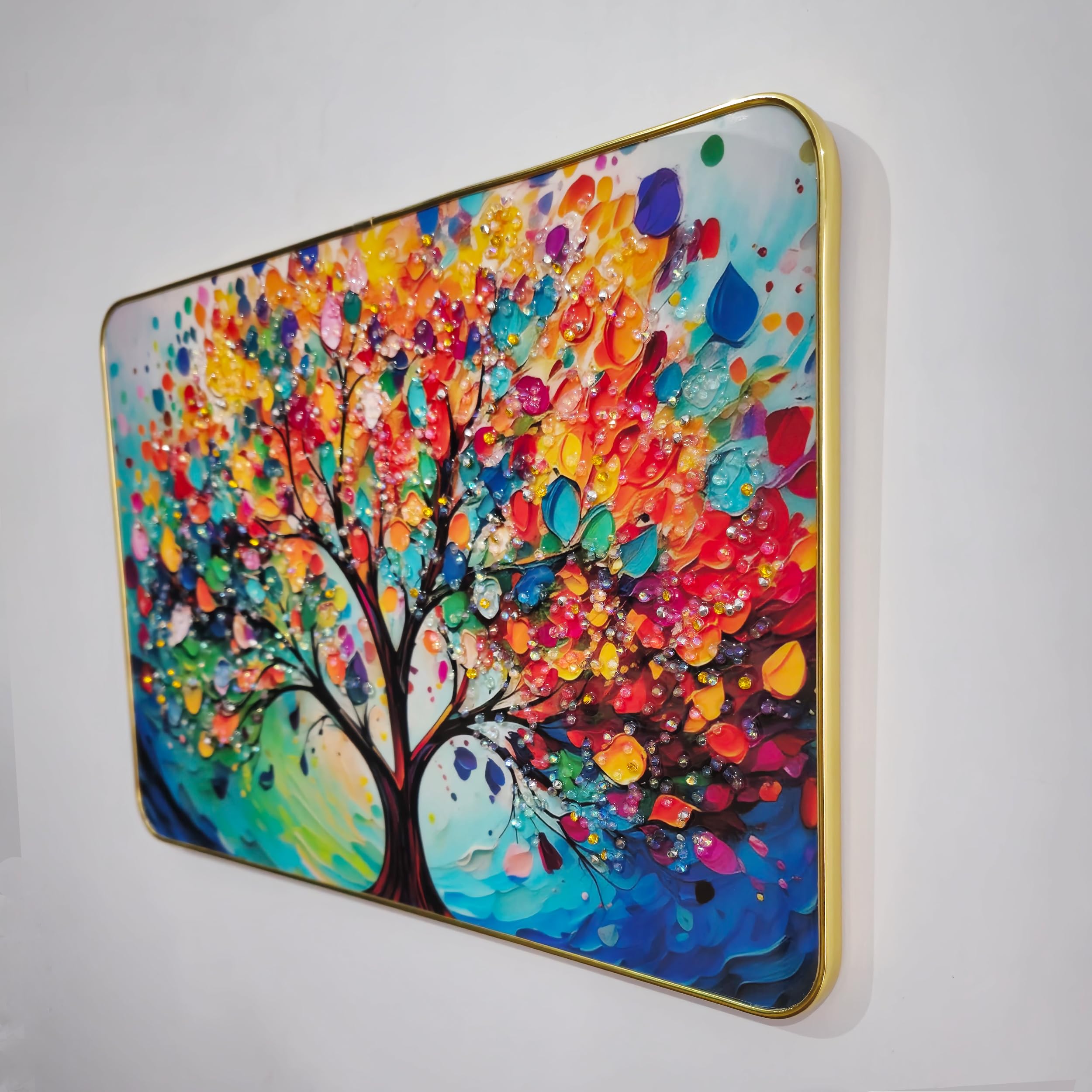 Masstone Decorative Tree Wall Painting With Crystal Embedded High Gloss Surface Gold Slim Frame Embossed, 45X30 Cm Wall Hanging