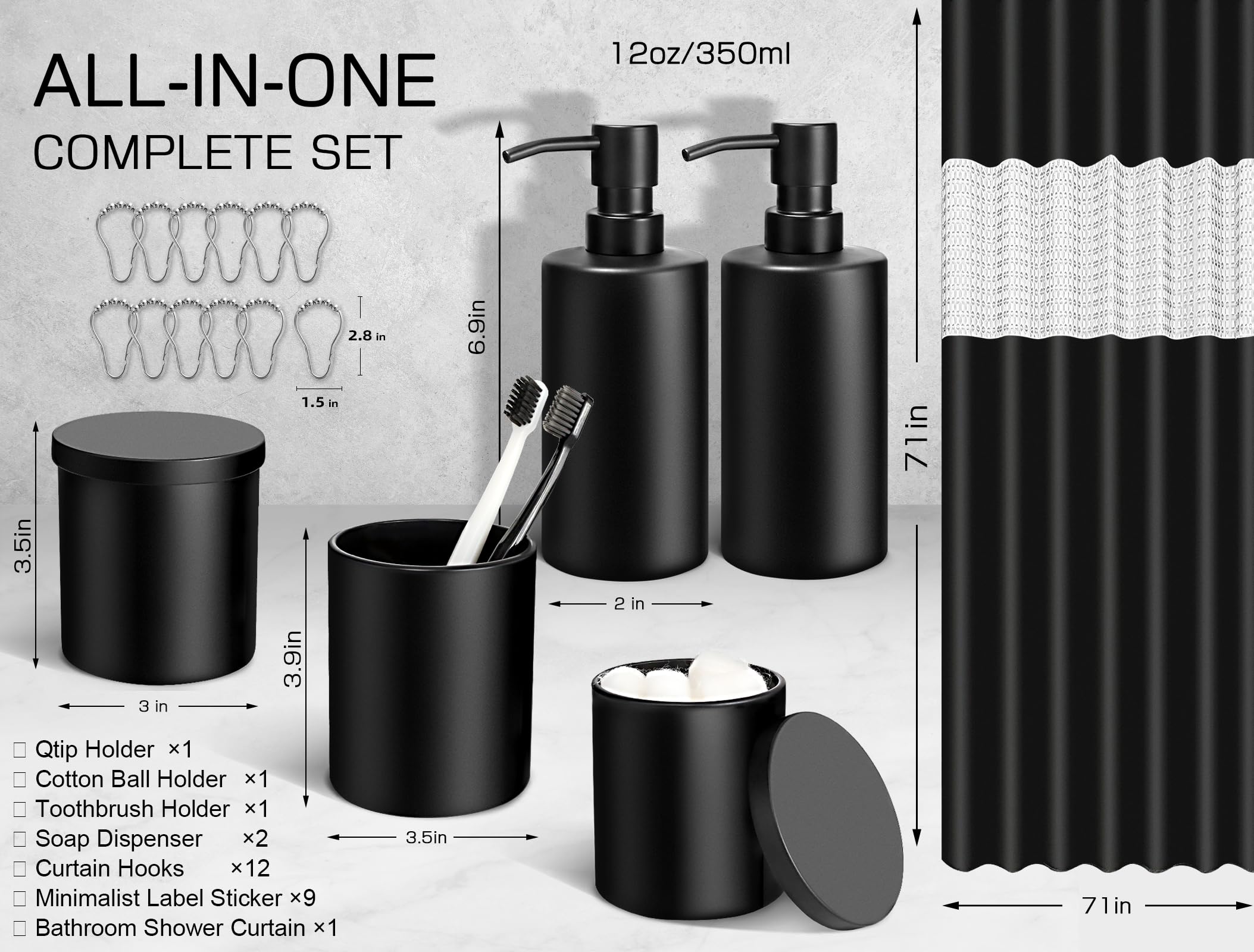 Alpiriral Matte Black Bathroom Accessories Set, 18 Pcs Bathroom Shower Curtain Sets With Hooks, Glass Bathroom Accessories Sets