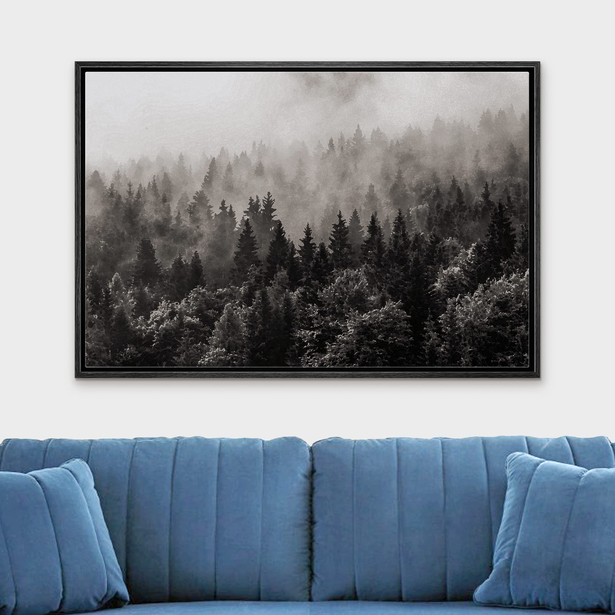 wall26 Framed Canvas Wall Art - Misty Forest in Black and White - Gallery Wrap Modern Home Art  Ready to Hang - 16''x24'' Black