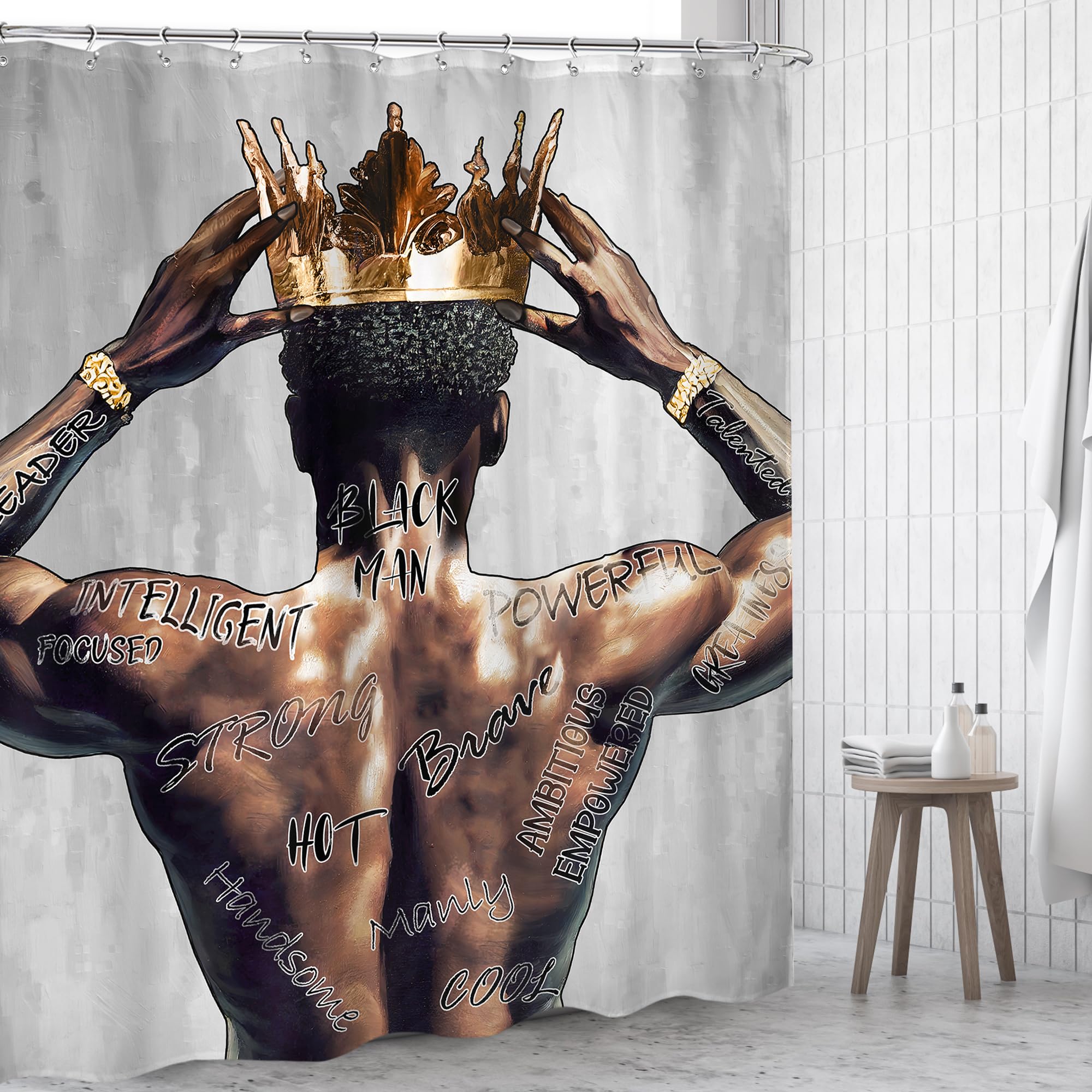 Omifly Black Man Shower Curtain 60Wx72H Inch African American King Modern Positive Motivational Inspirational Quotes Crown Cool