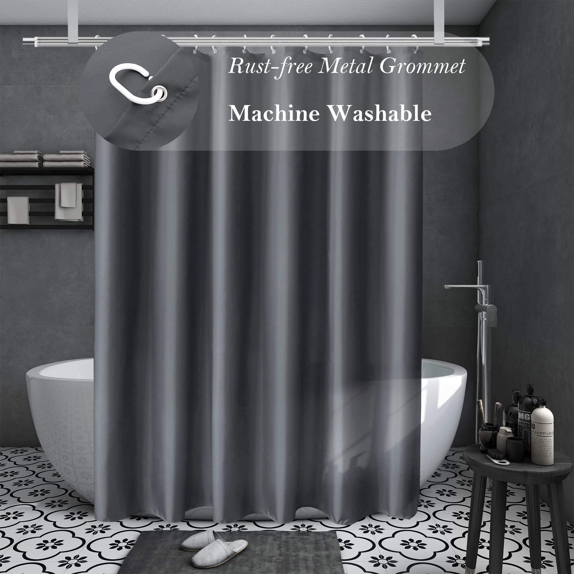 Aoohome Hotel Fabric Shower Curtain Liner, Solid Bathroom Curtain With Hooks, Waterproof, Dark Grey, 72 Width X 75 Height Inch