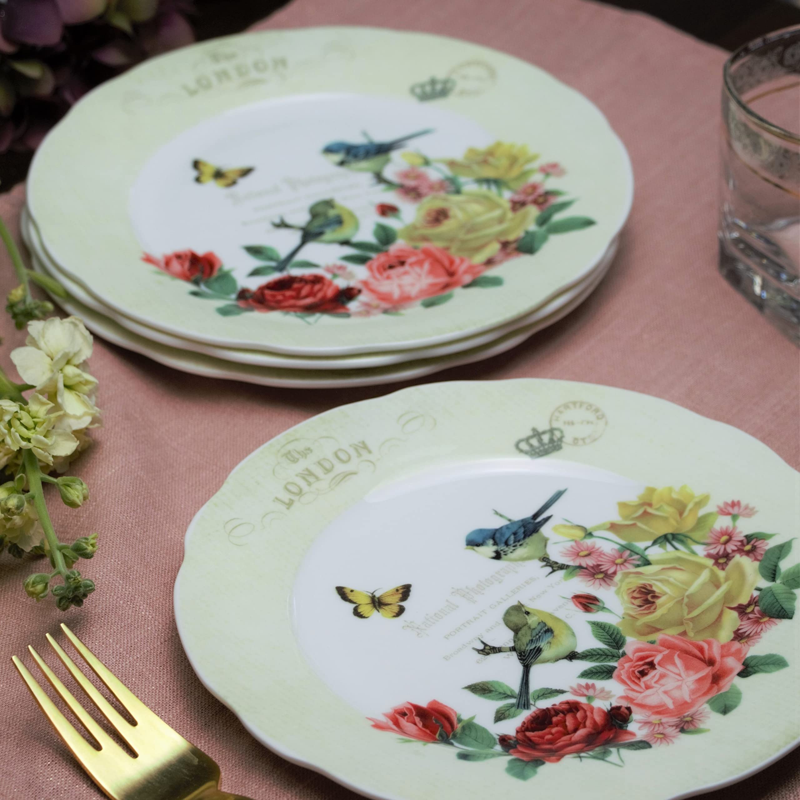 Gracie Bone China By Coastline Imports Rose Butterfly Bird 7.5-Inch Set Of 4 Bone China Dessert Plates Diameter, Yellow, Pink, W
