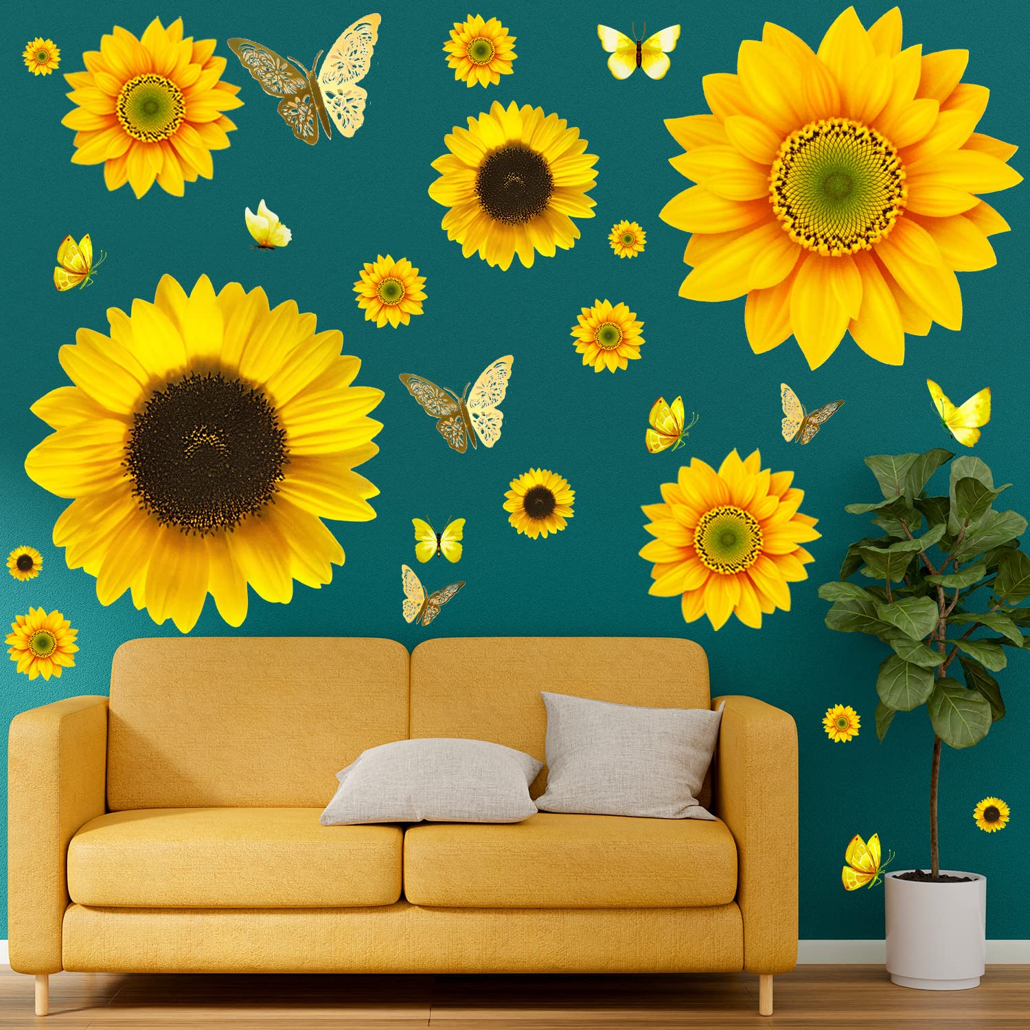 Large Sunflower Wall Stickers - 39 Pcs Sunflower Daisy Decals For Wall 3D Butterfly Wall Sticker Sunflower Bathroom Nursery Deco