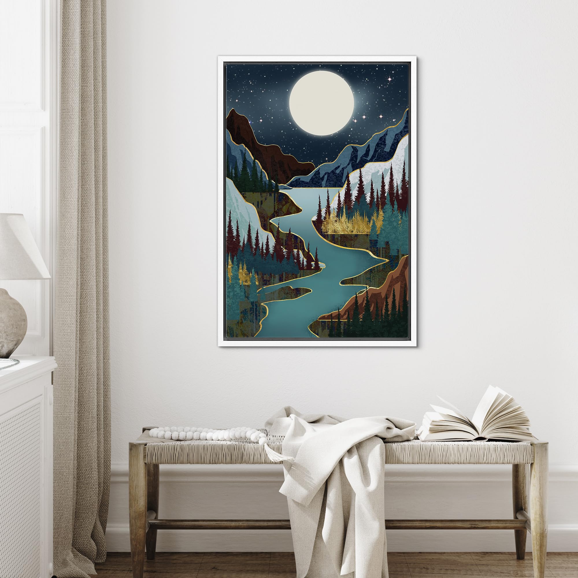 Signford Framed Canvas Print Wall Art Moon Mountain Lake Nature Wilderness Illustrations Modern Art Decorative Rustic Relax/Calm