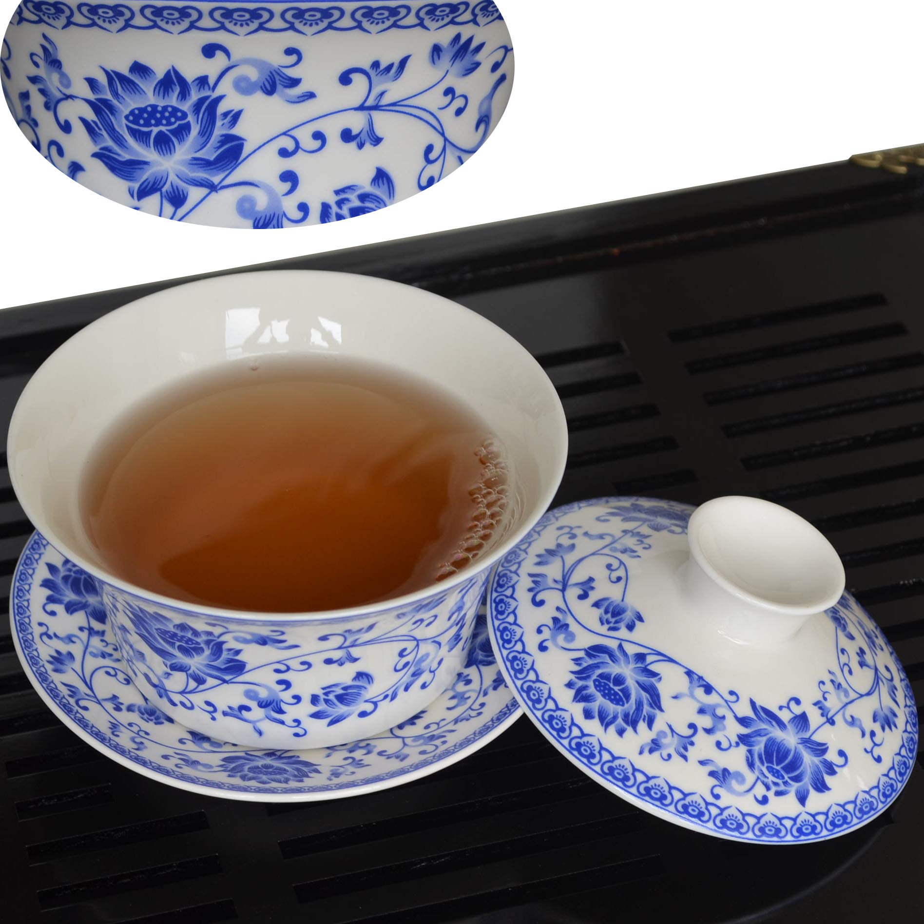 Honeylive Gaiwan Chinese 150Ml-200Ml Sancai Tureen Tray Cup Blue White Porcelain Saucer Lid (Simple A 5Oz)
