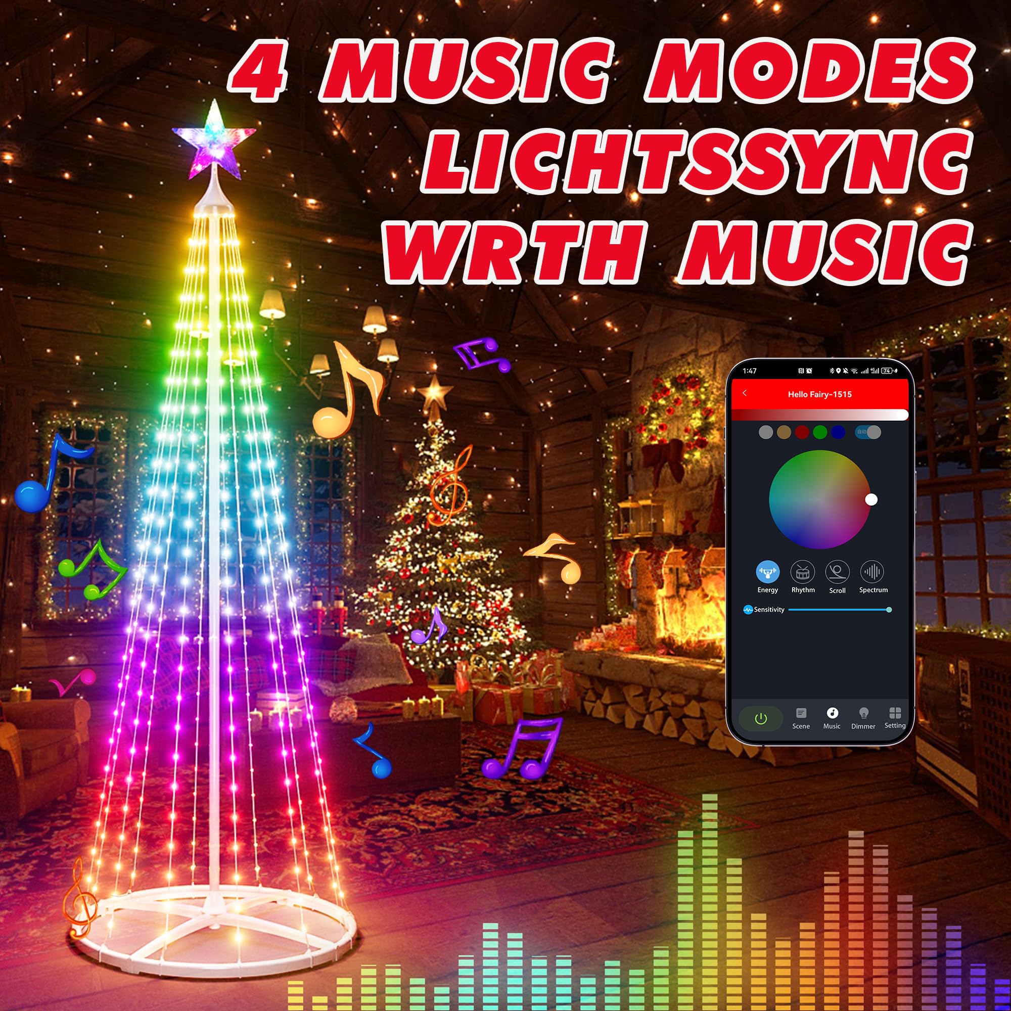 Yakmax 3-Pack Smart Outdoor Lighted Christmas Trees, LED Color Changing, Remote & APP Control, Multicolor, Model SDS-150-F