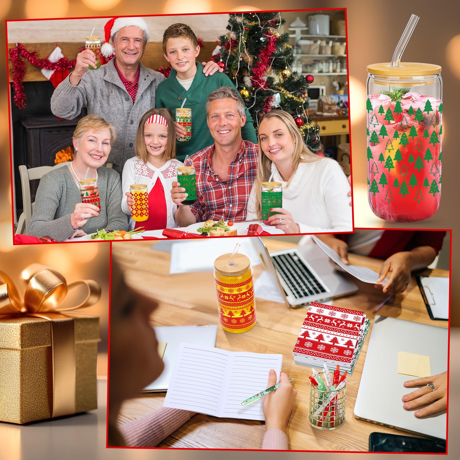 Skylety 12 Set Christmas Gifts Bulk 16 oz Red and Green Glass Cups with Lids Straws Xmas Notebook Sticky Note Pens for Employee