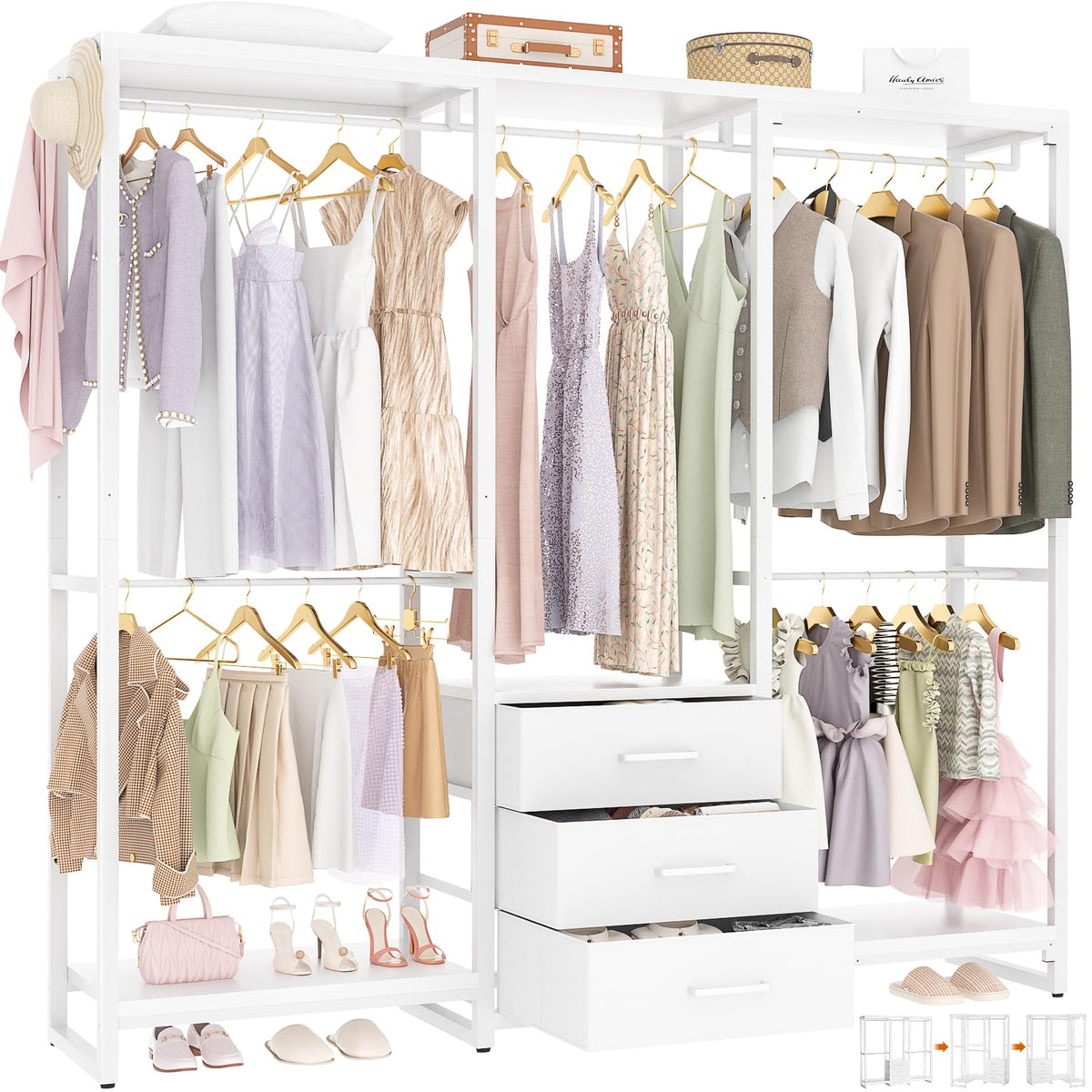 Aheaplus Garment Rack Heavy Duty Clothes Rack For Hanging Clothes,Clothing Rack With Drawers, Wood Stoarge Shelf Freestanding Cl
