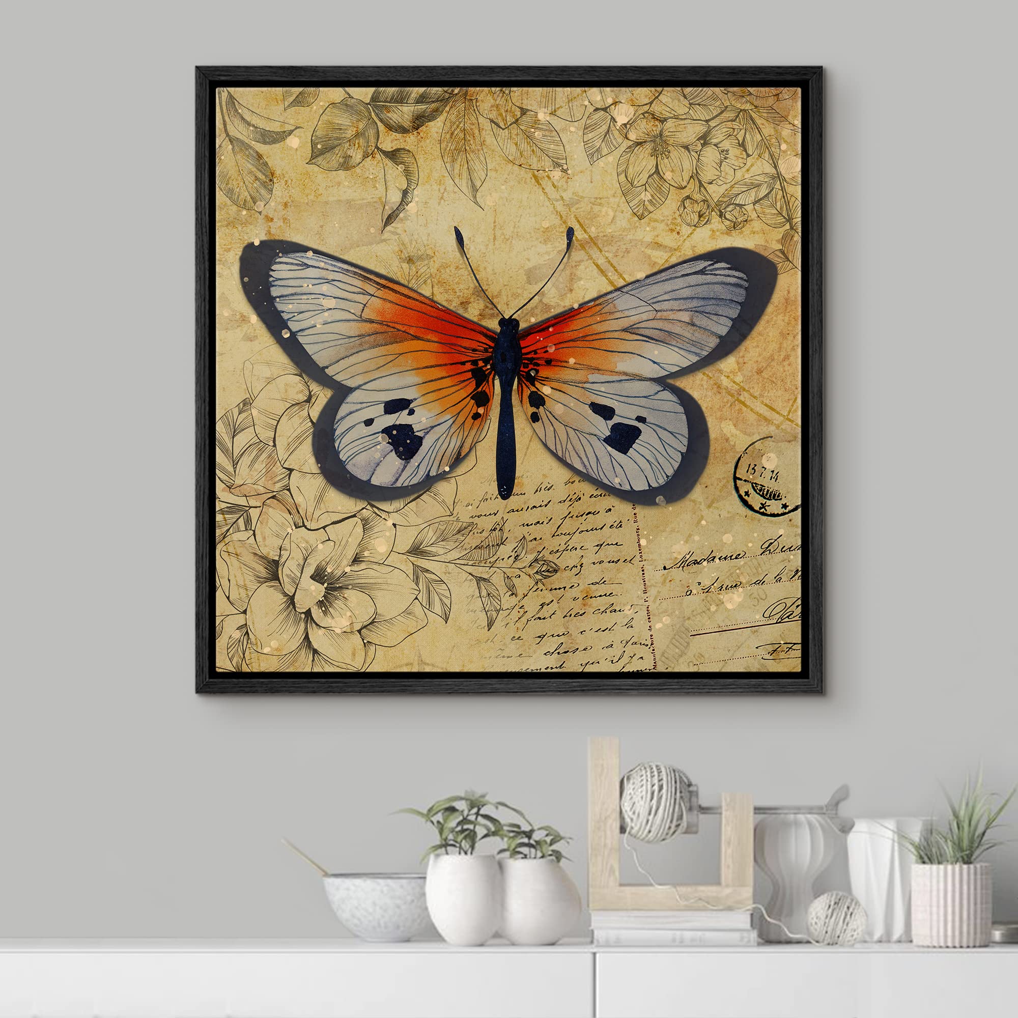 Wall26 Framed Canvas Print Wall Art Orange Monarch Butterfly Floral Pattern Nature Wilderness Rustic Modern Art Farmhouse Decora