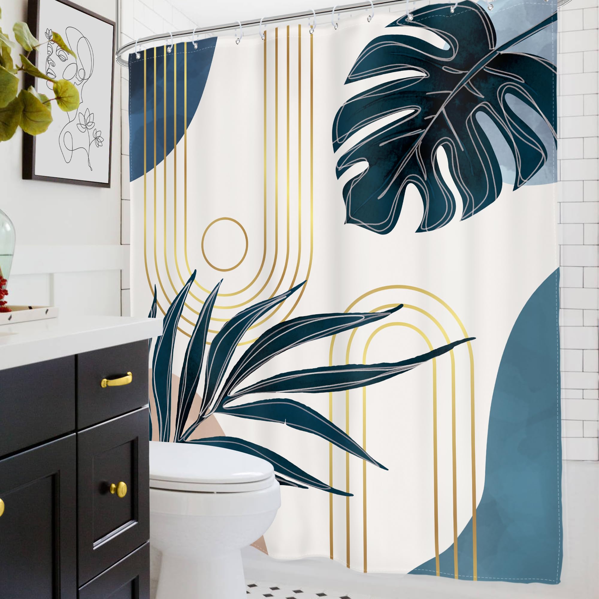Glawry Boho Navy Blue Shower Curtain Mid Century Abstract Tropical Palm Leaf Modern Minimalist Plant Botanical Bathroom Geometri