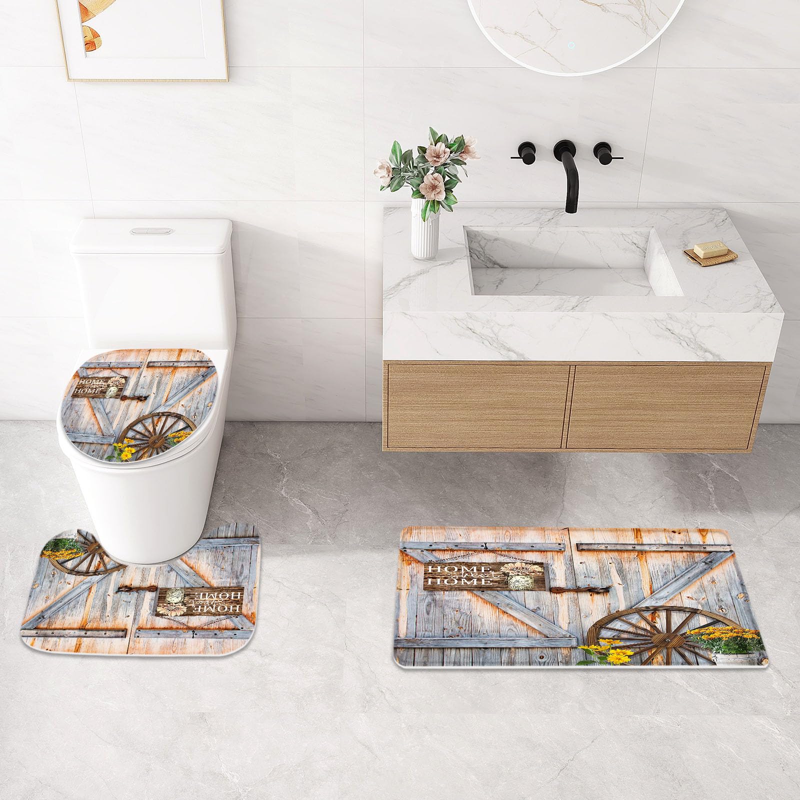 Litabel 4 Pcs Rustic Farmhouse Door Shower Curtain Set With Non-Slip Rugs, Toilet Lid Cover And Bath Mat, Countryside Flowers Ba