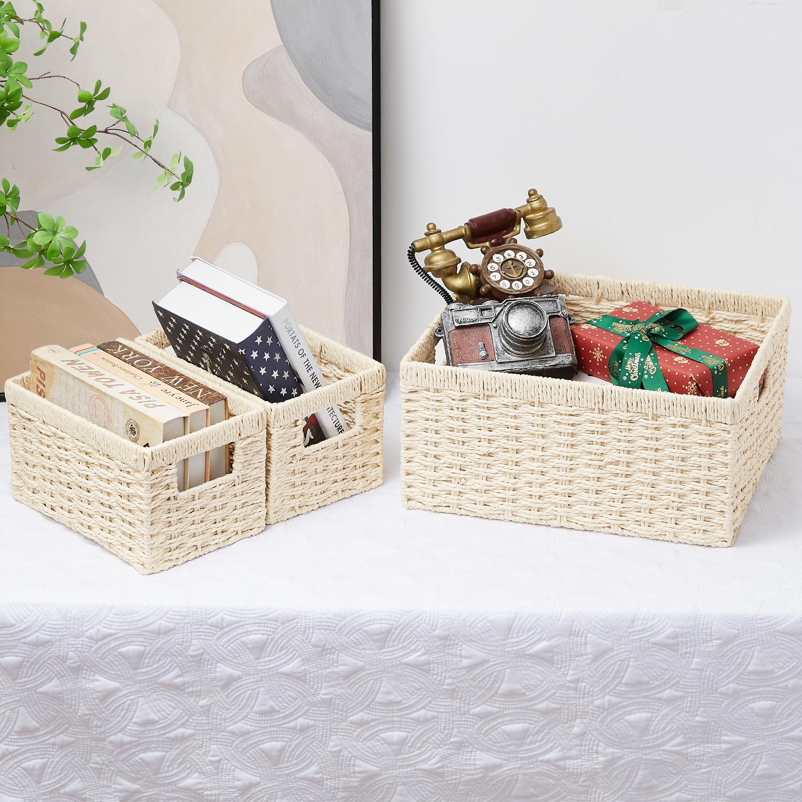 Vagusicc Wicker Storage Basket, Set Of 3 Wicker Basket, Hand-Woven Paper Rope Storage Baskets For Organizing, Large Cube Storage