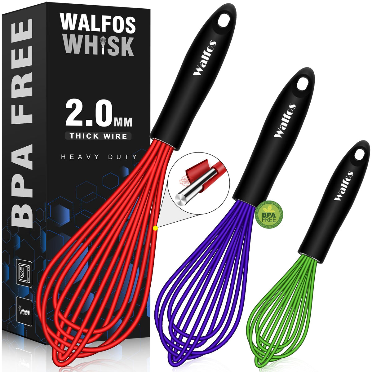 Walfos Whisk,8.5+9+11In Silicone Whisk, Bpa Free Whisks For Cooking Non Scratch. Heat Resistant(480F) Wisk. Perfect For Blending