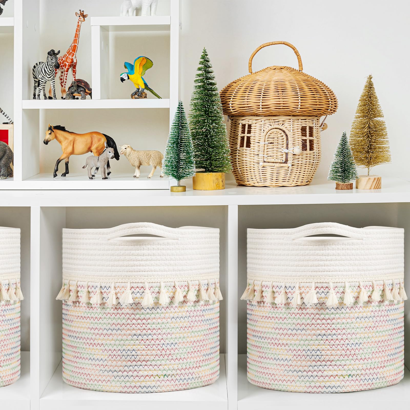 Danpinera Set Of 3 Woven Baskets, 11''X11'' Woven Baskets For Storage With Firm Handles, Small Boho Storage Basket For Shelves,