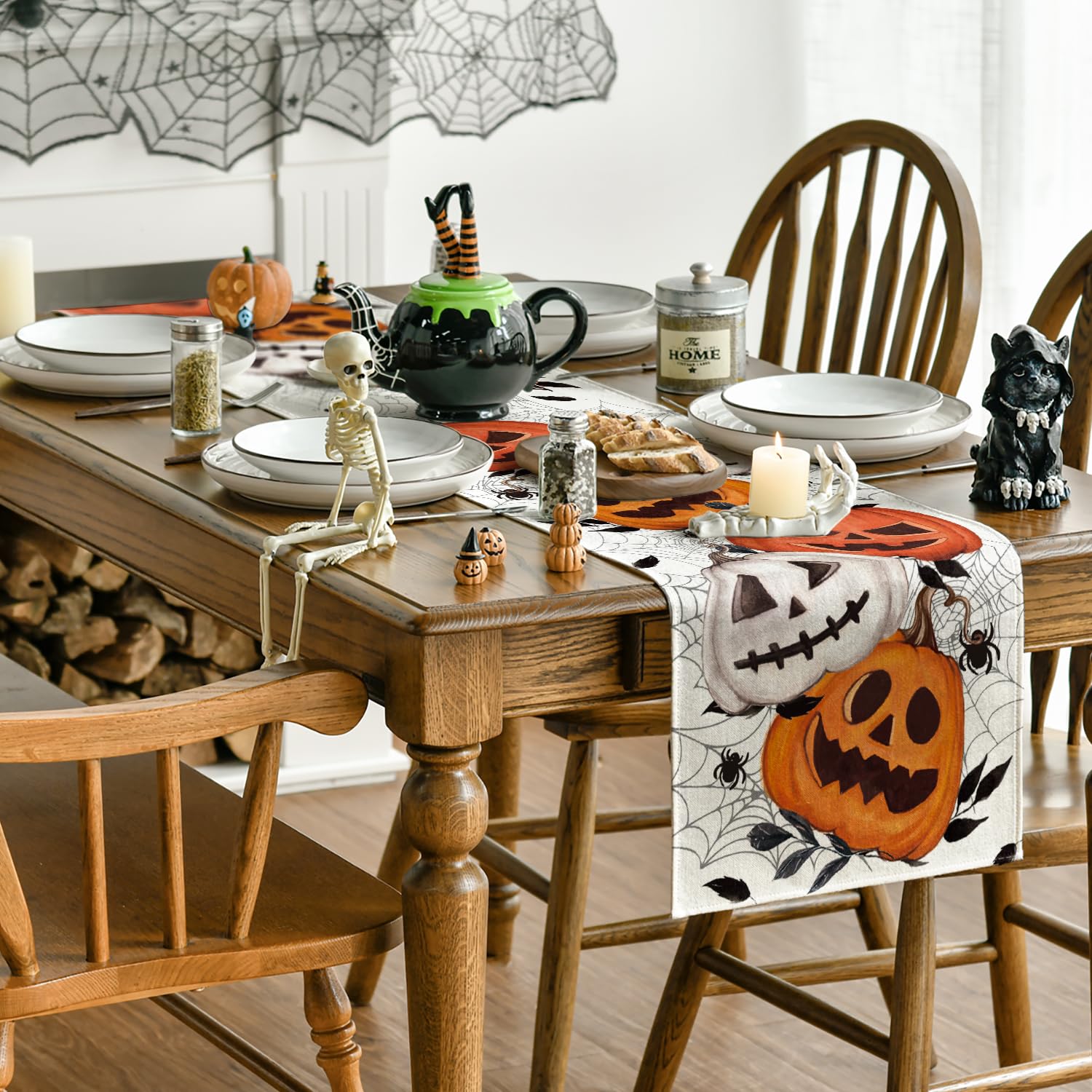 Artoid Mode Pumpkins Spider Web Leaves 2Pcs Halloween Table Runner, Seasonal Fall Kitchen Dining Table Decoration Home Party Dec