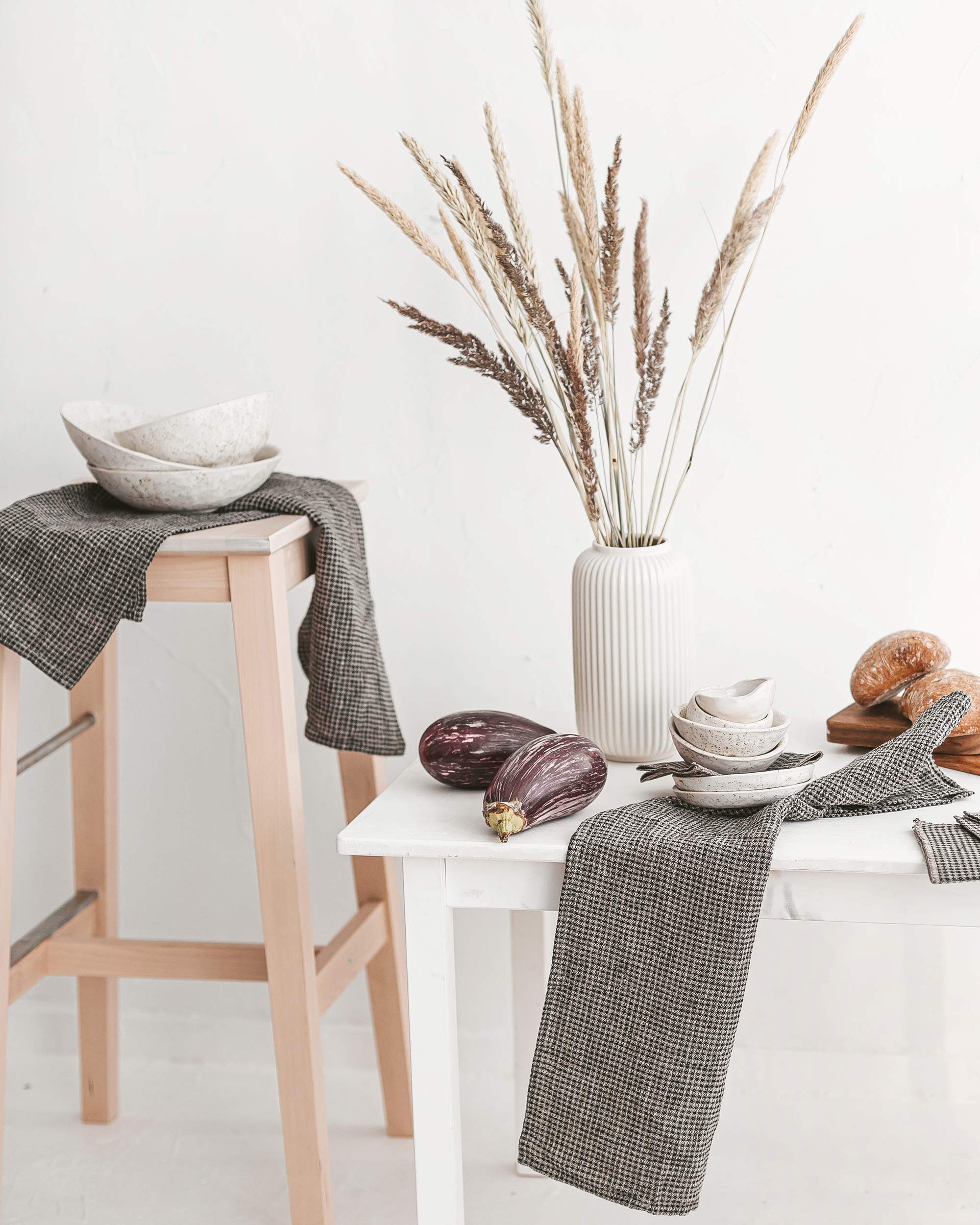 Pure 100% Linen Hand Towels - Set Of 2 Linen Kitchen Towels Waffle Weave Black-Natural - 13 X 29-Inch Soft Lightweight Stone-Was