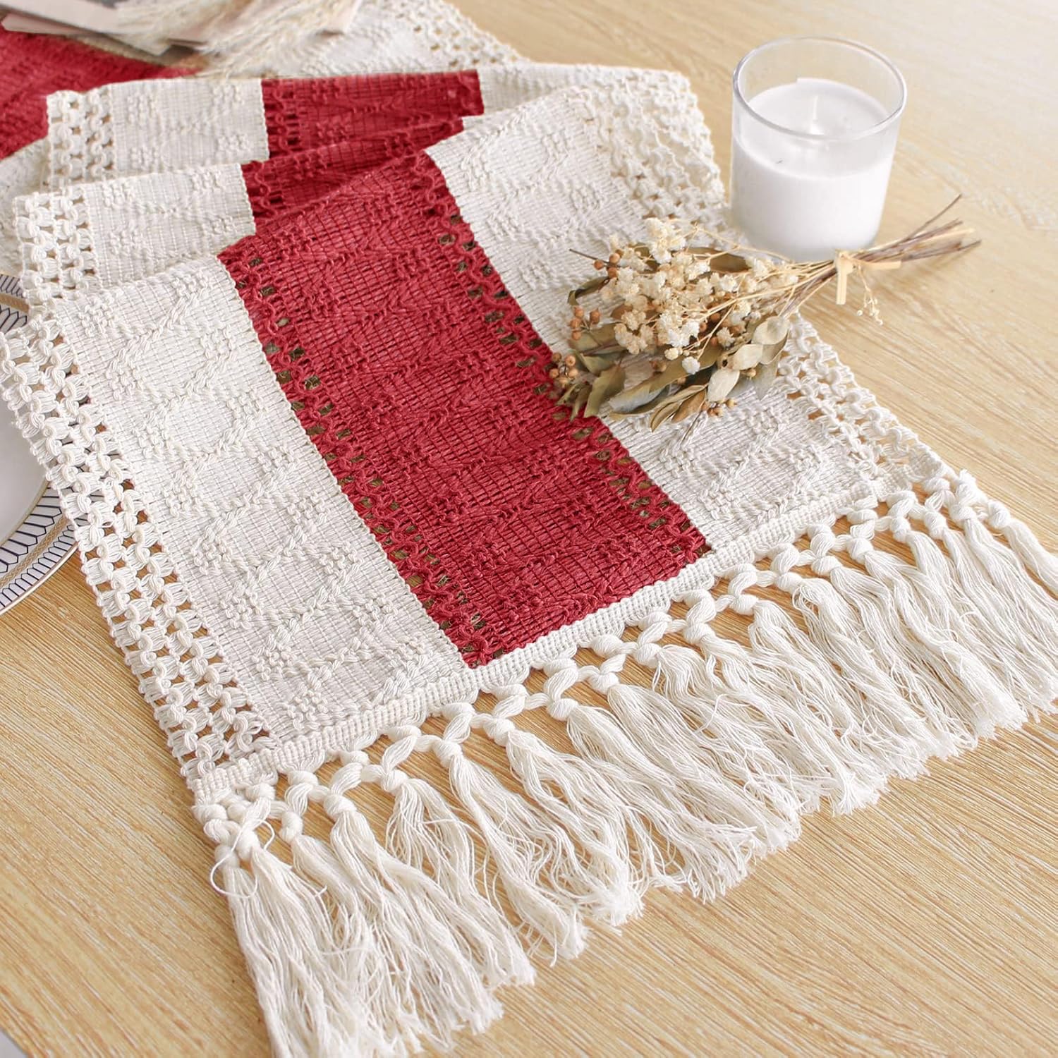 FEXIA Christmas Table Runner for Home Decor with Tassels 72 Inches Long Farmhouse Red Rustic Boho Table Runner Macrame Burlap Ta