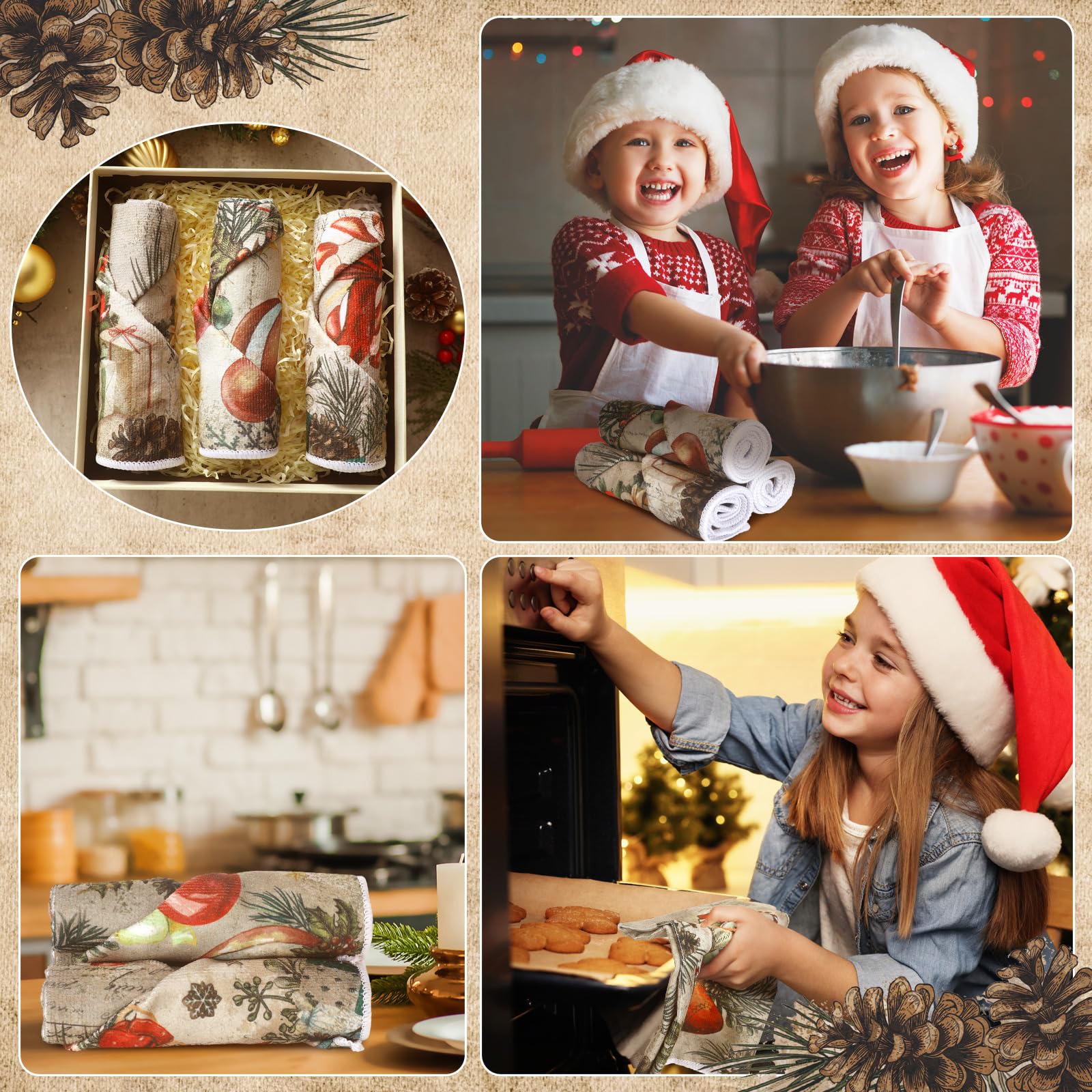 Hosuly 6 Pcs Christmas Kitchen Towels Vintage Santa Dish Cloth Christmas Farmhouse Tea Towels Santa Snowman Sock Ball Xmas Tree