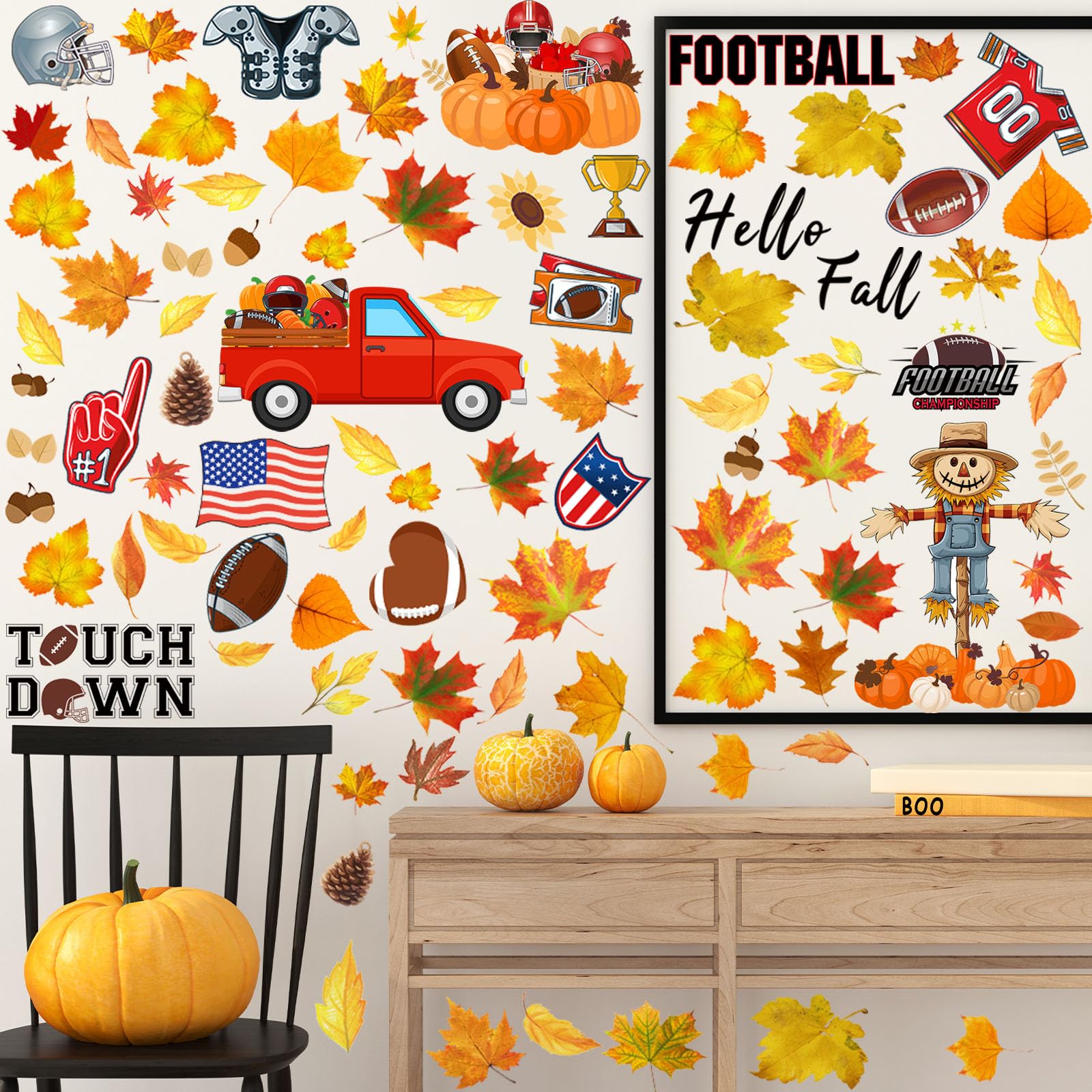 Fullhawl 6 Sheet Thanksgiving Wall Decals Thanksgiving Pumpkin Maple Leaf Truck Wall Decals Fall Football Stickers for Fall Foot