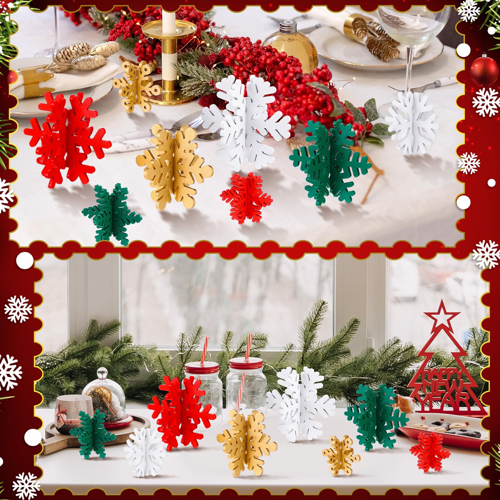 Wenqik 16 Pcs Winter Wooden Snowflake Decor Christmas Winter Snowflake Tabletop Decorations 3D Snow Table Signs Standing Centerp