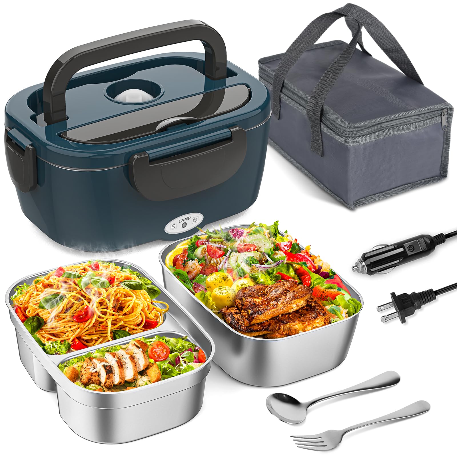 Vingud Electric Lunch Box For Adults, Heated Lunch Box For Men Women With Dual 1.5L Ss Containers, Portable 80W Food Warmer For 