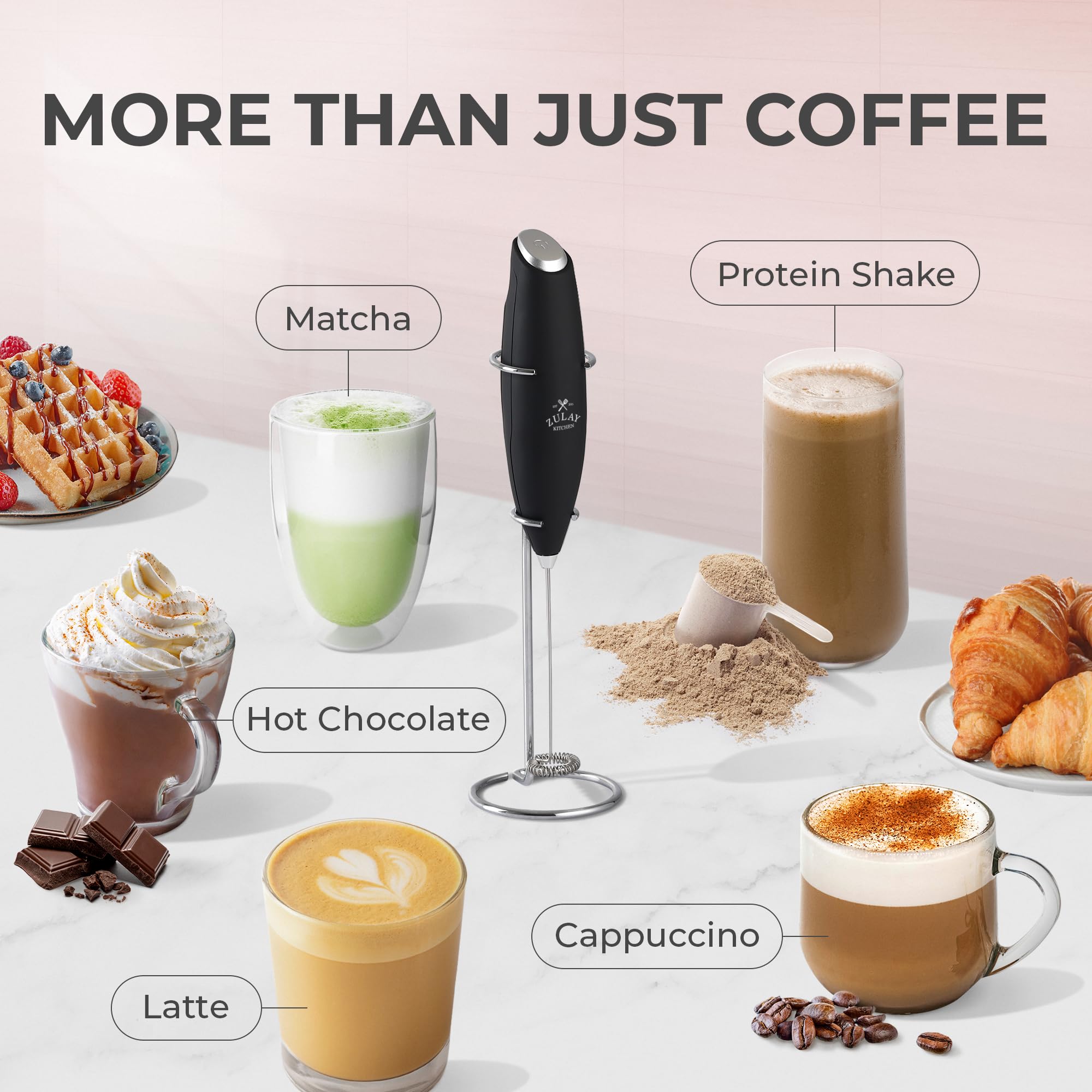 Zulay Kitchen Premium Gift Milk Frother Complete Set - Handheld Foam Maker, Stencils & Frothing Pitcher Set - Whisk Drink Mixer